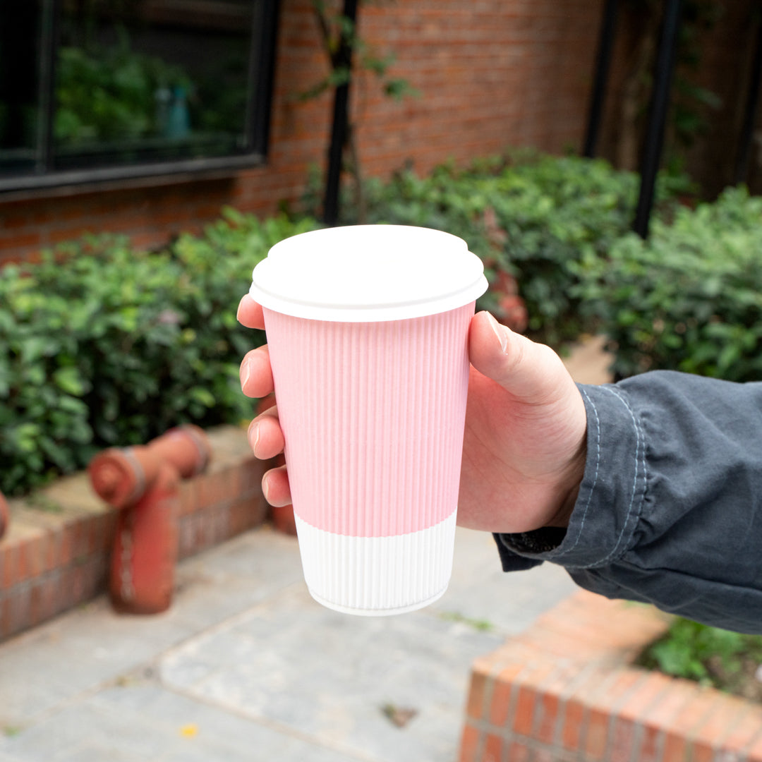 16 oz Light Pink Ripple Wall Paper Coffee Cups with White Lids - 200 Count Bulk Pack (3.5