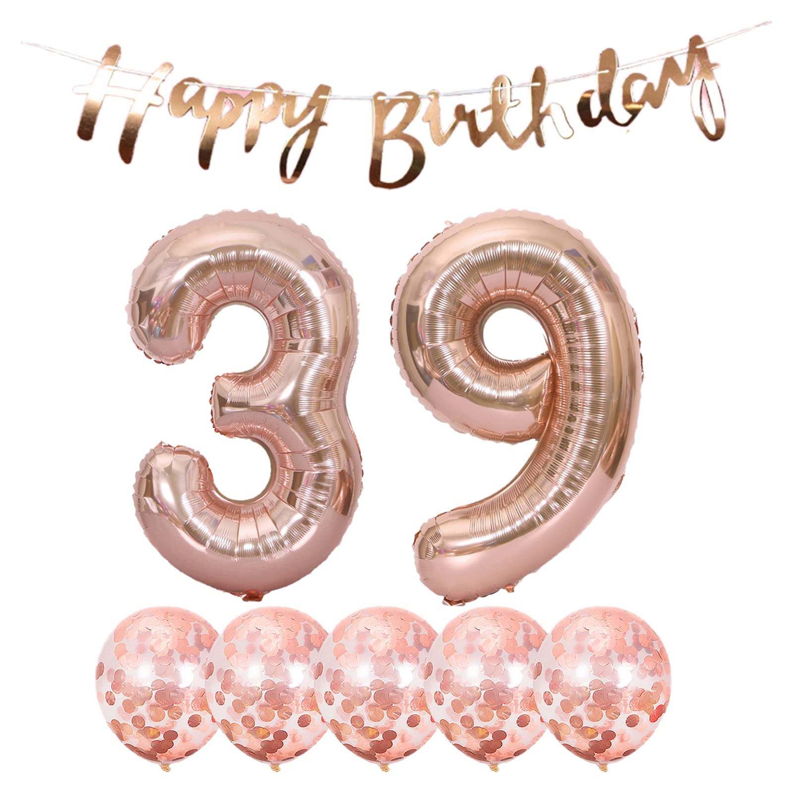 39th Birthday Party Decorations Set - Happy Birthday Banner, Rose Gold Helium Balloons, Number 39 Latex & Foil Balloons for Women & Men - Perfect for Anniversary, Milestone Celebrations & Photo Backdrops