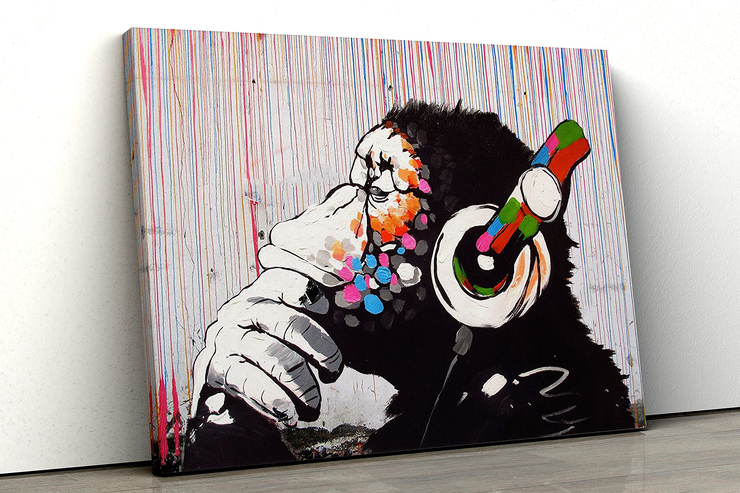 Banksy DJ Monkey with Colored Rain Canvas Wall Art Print - Famous Street Art Poster in Various Sizes (A1+ 32x24 Inch) - Perfect for Living Room, Bedroom & Office Decor
