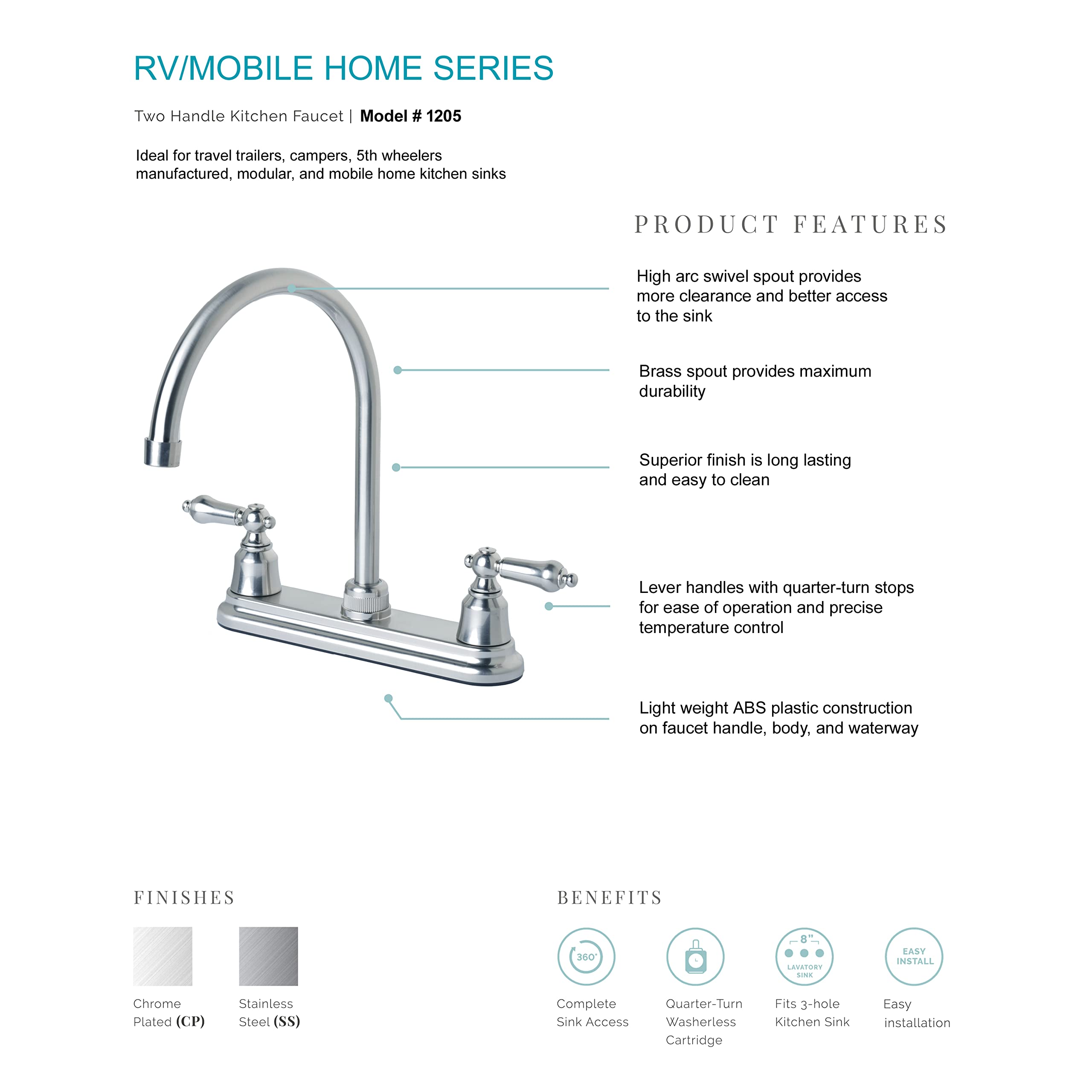 Laguna Brass 1205SS RV Mobile Home Non-Metallic High Arc Swivel Kitchen Faucet - Brushed Nickel Finish - Perfect for Tiny Houses, Campers & Off-Grid Living