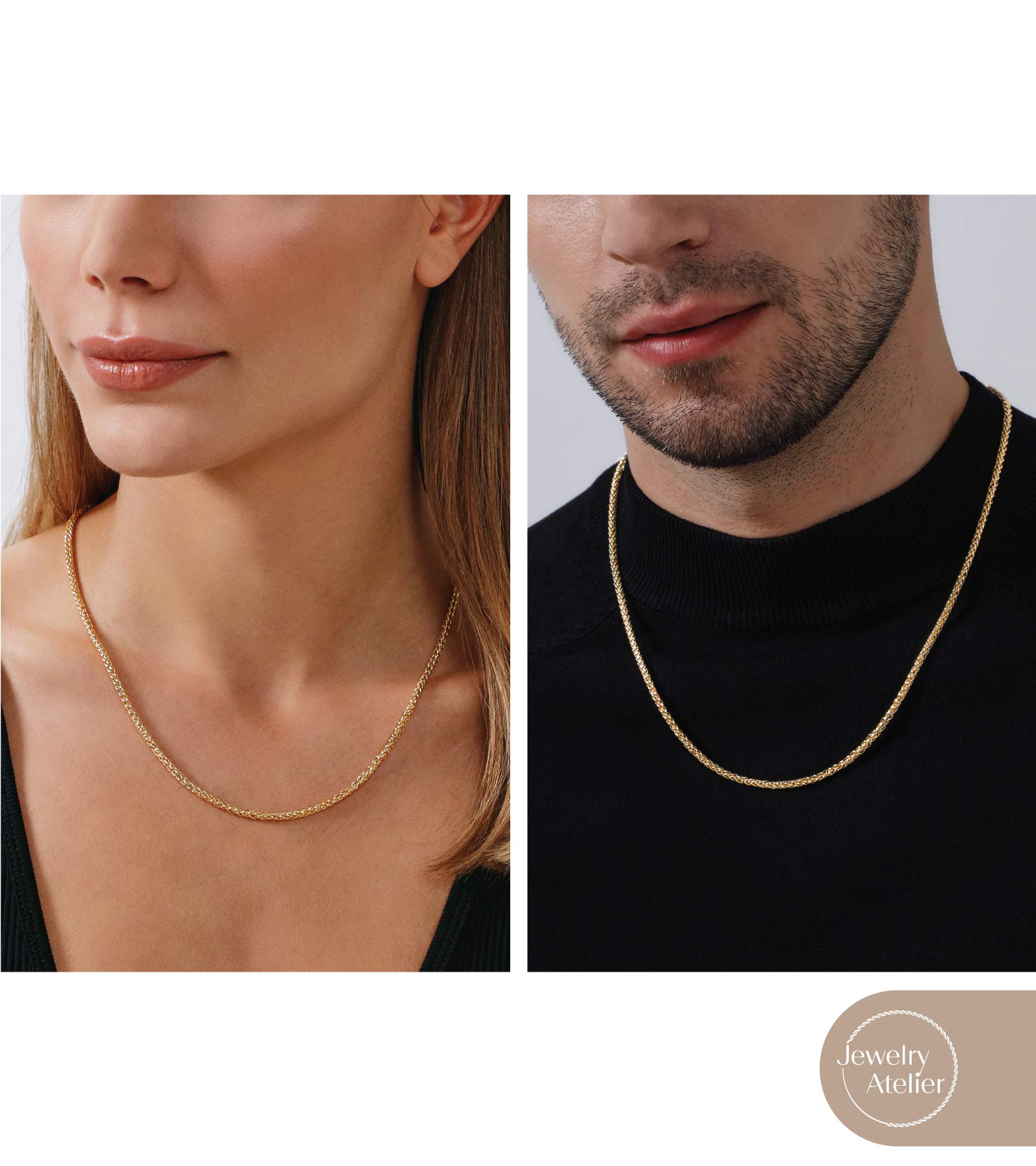 14K Solid Yellow Gold Filled Round Wheat/Palm Chain Necklace for Women & Men - 2.5mm & 3.2mm Sizes - Elegant Unisex Jewelry for Everyday Wear, Gifts & Special Occasions