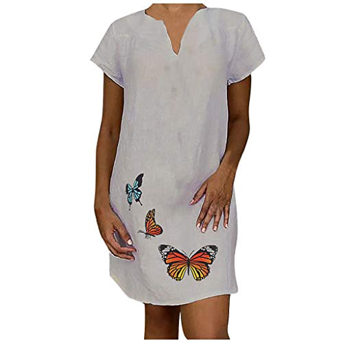 Women's Loose Fit V-Neck Cotton Linen Boho Tshirt Dress - Casual Plus Size Printed Mini Dress with Half Sleeves for Summer Outfits, Beach Wear & Everyday Comfort