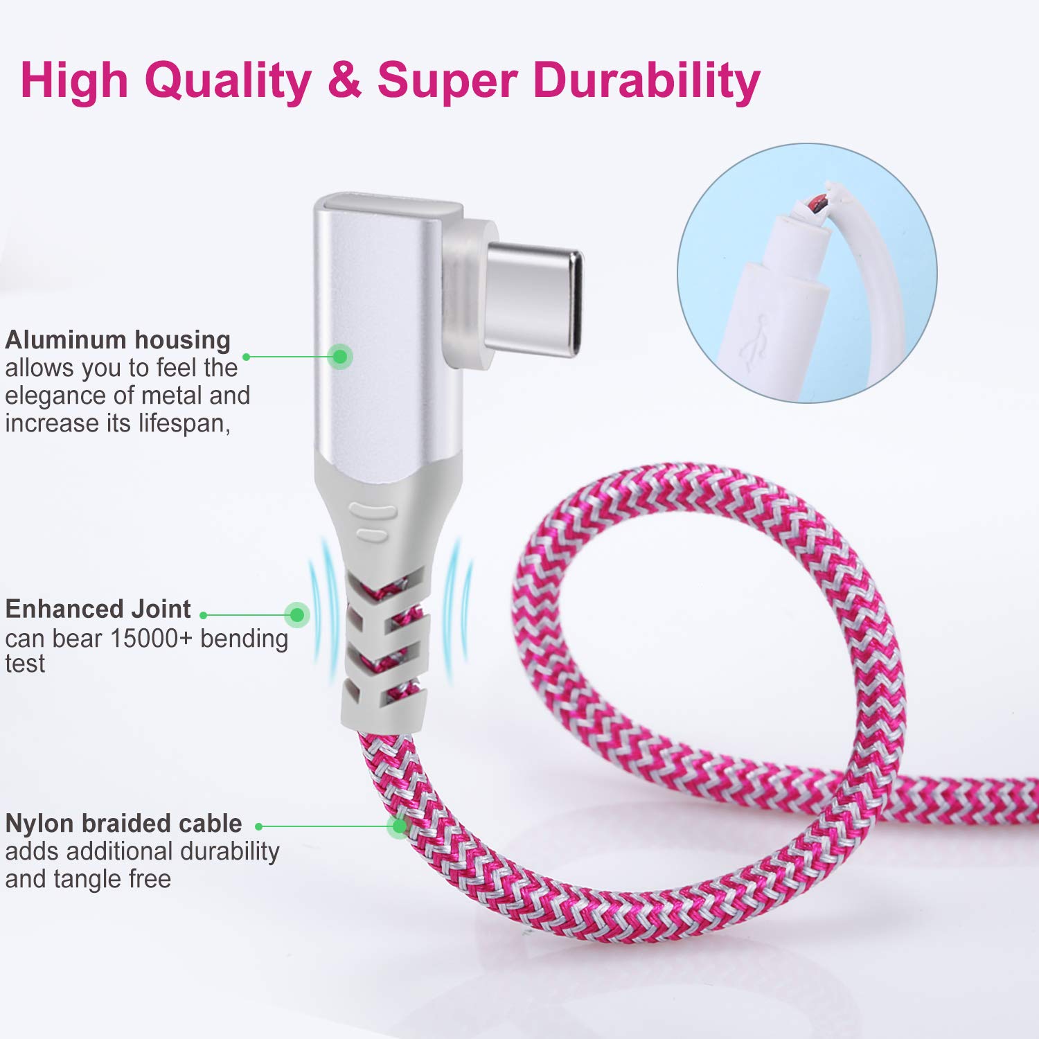 3-Pack 6FT Right Angle USB C to USB A Fast Charging Cable - 90 Degree Braided Cord for iPhone 16/15/14/13, Samsung Galaxy S25/S24/S23, LG V30 & Nintendo Switch - Perfect for Gaming, Travel & Tight Spaces