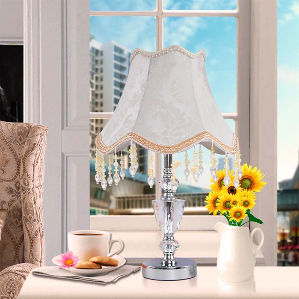 Modern Crystal Bedside Desk Lamp with E27 Socket - 1-Light Fabric Table Lamp for Kids Room, Reading, Nightstand & Vanity Decor - 17.73
