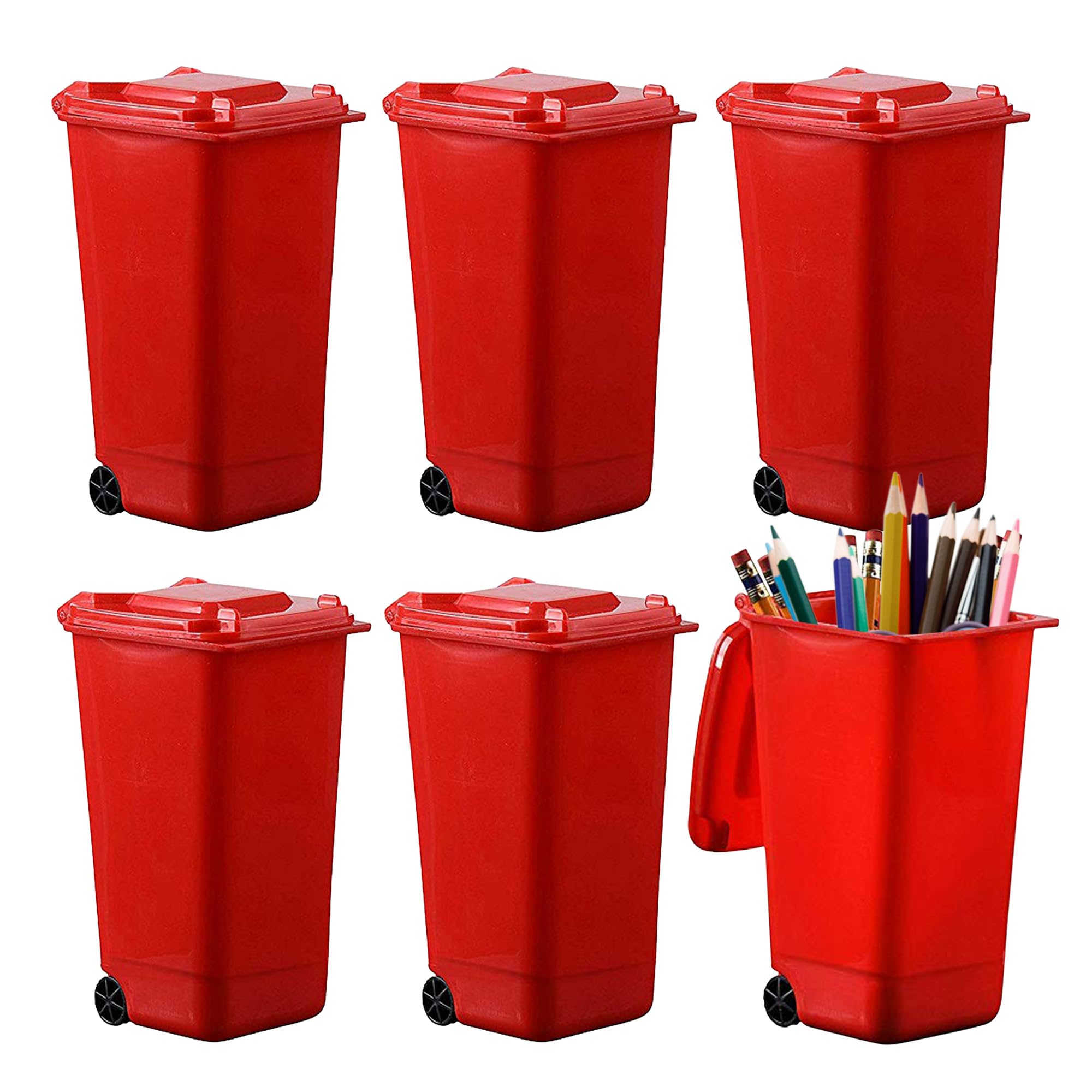 Hammont 6-Pack Mini Trash Can for Desk - Small Waste Bin & Pencil Holder Organizer - Multi-Purpose Desktop Garbage Can for Office, Home, Bathroom (Red) - Perfect for Workspace Organization & Craft Room Storage