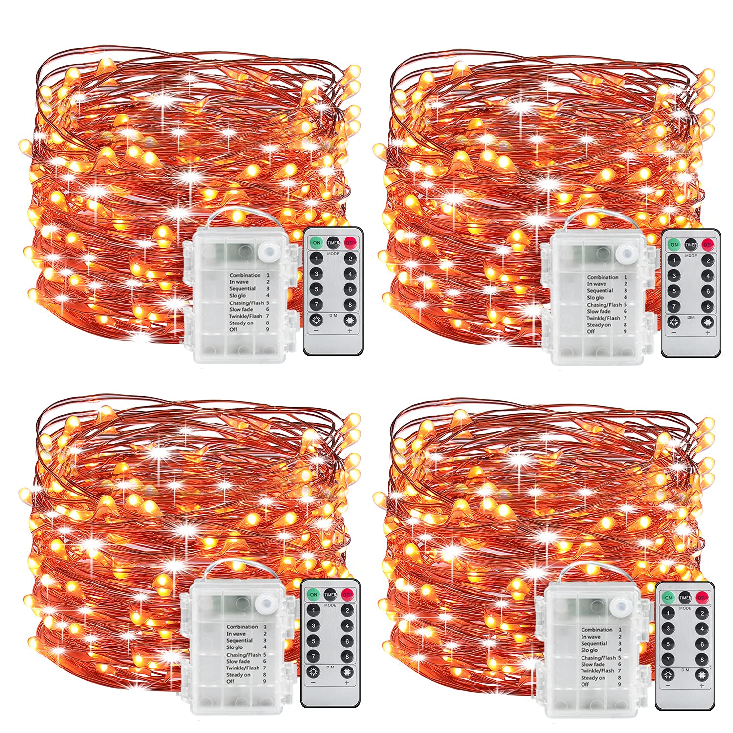 4 Pack Halloween Pumpkin LED Fairy String Lights - 16.4ft Battery Operated Waterproof Copper Wire with Remote & 8 Lighting Modes - Orange Fairy Lights for Halloween, Christmas, Bedroom, Party, Wedding, Garden Decoration