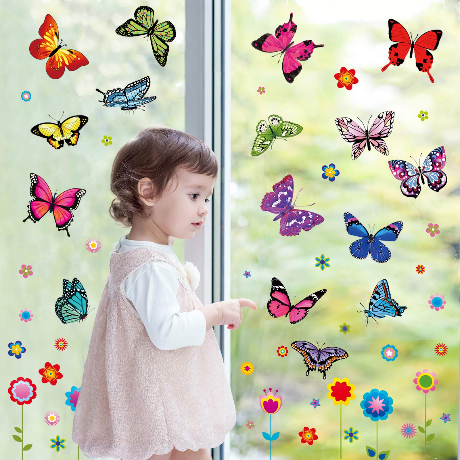 57-Piece Spring Flower Window Clings - Large Anti-Collision Butterfly & Flower Stickers for Glass Windows - Kids Safe Window Decals for Home, Office & Classroom Decor