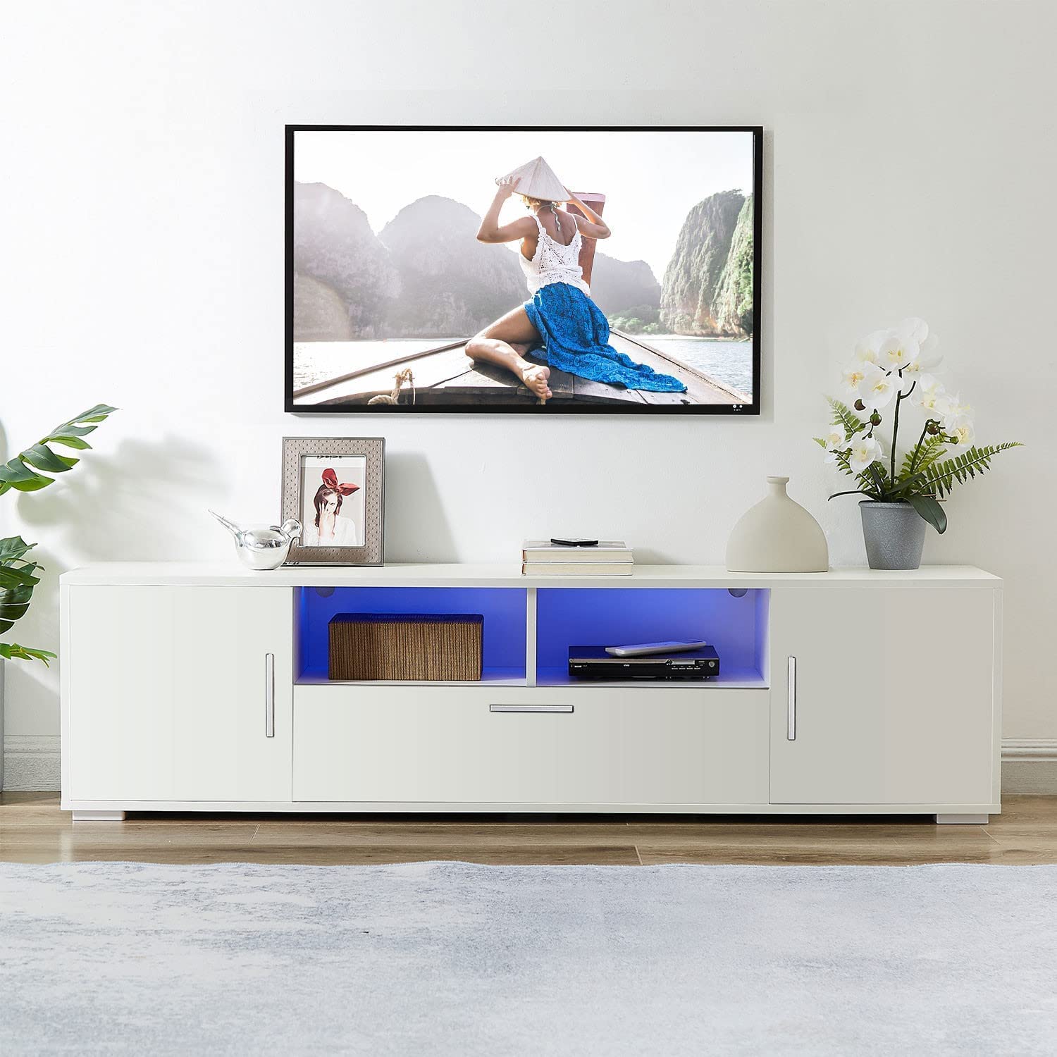 Modern LED TV Stand for 70-75 Inch TVs with Storage Drawer & Lights - Entertainment Center Media Console Table for 50/55/65 Inch TVs (White) - Perfect for Living Room, Gaming & Movie Nights