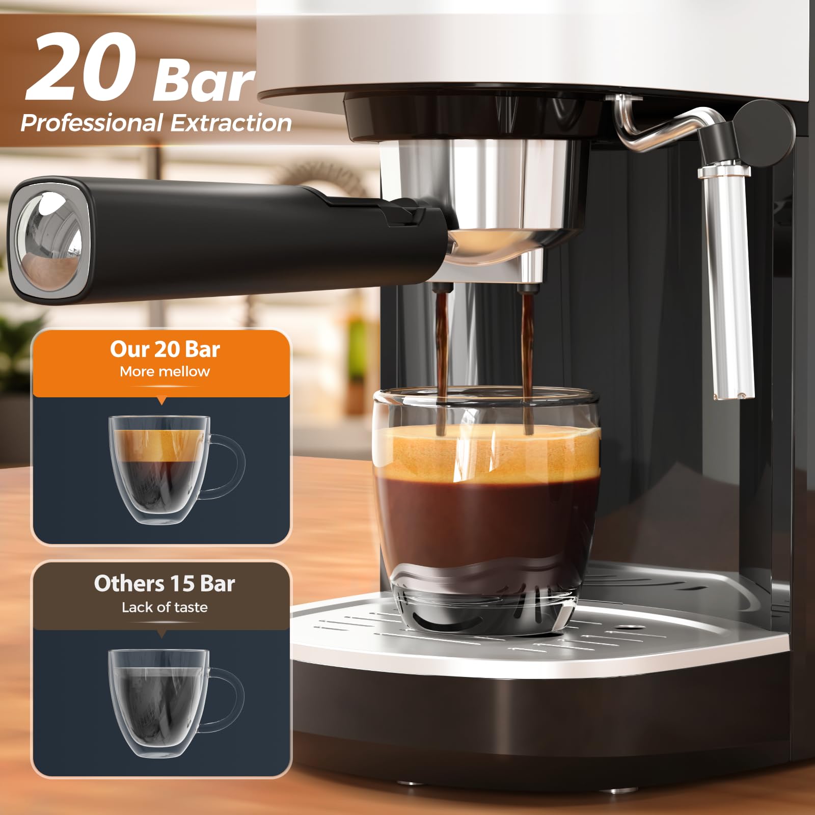 Kismile 20-Bar Professional Espresso Machine with Milk Frother & Capsule Compatibility - Removable Water Tank for Latte & Cappuccino (Black) | Perfect for Home Baristas & Coffee Lovers