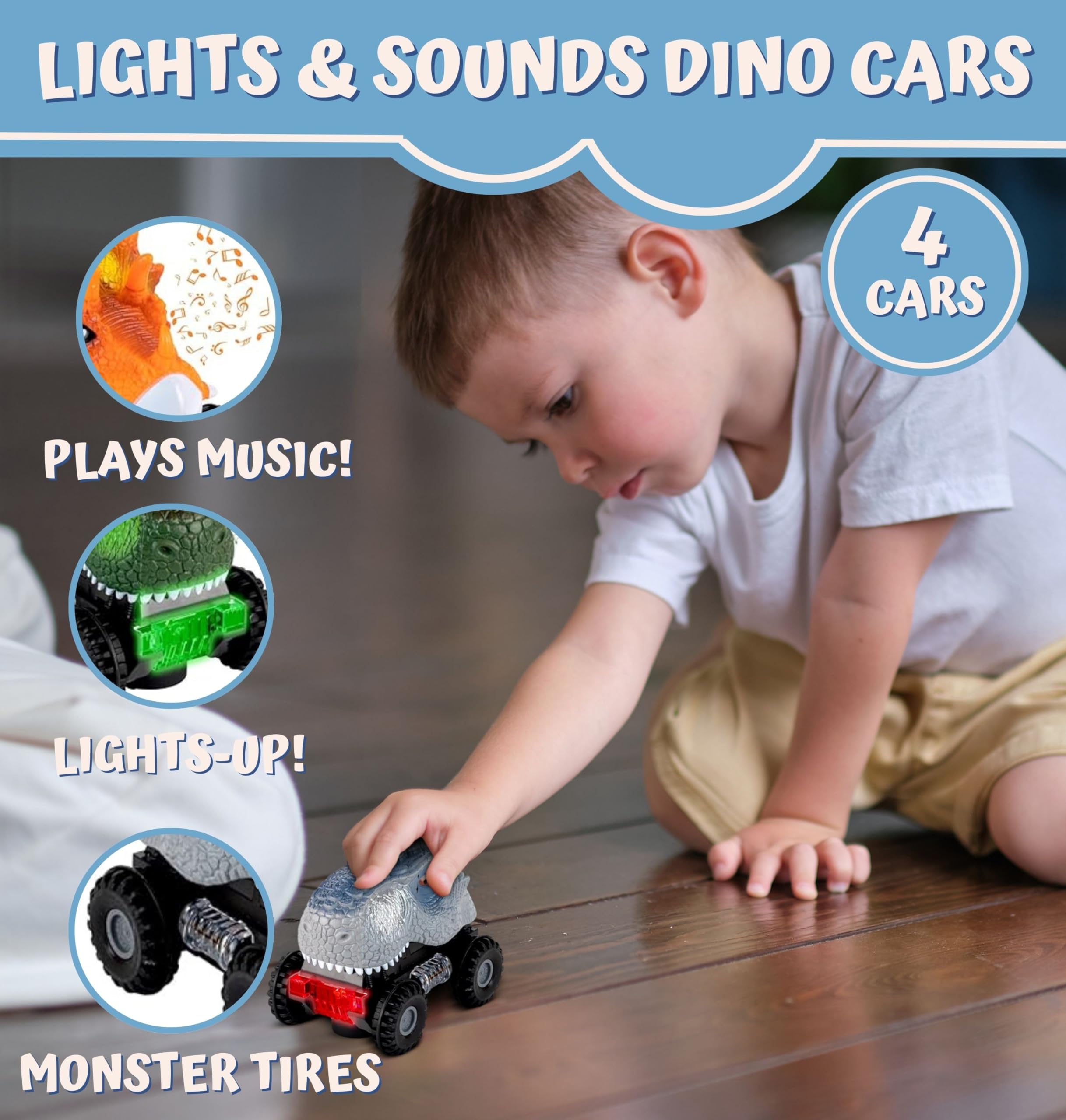 ToyVelt 2021 Edition Pull Back Dinosaur Cars - 4 Pack Light Up & Sound Toys for Kids Ages 3-10 | Fun Birthday & Christmas Gift for Boys & Girls | Perfect for Pretend Play, Party Favors & Dinosaur Themed Activities