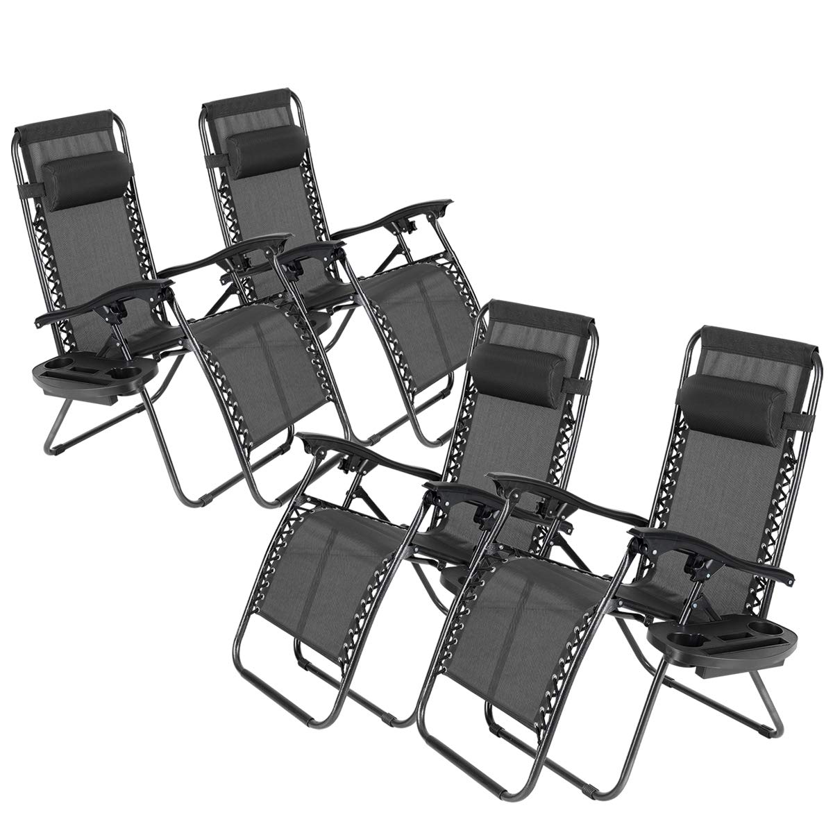Geniqua Set of 4 Zero Gravity Lounge Chairs - Adjustable Steel Mesh Recliners with Footrest, Pillow & Tray for Outdoor Camping, Patio, Poolside & Backyard Relaxation - Foldable Black Chairs