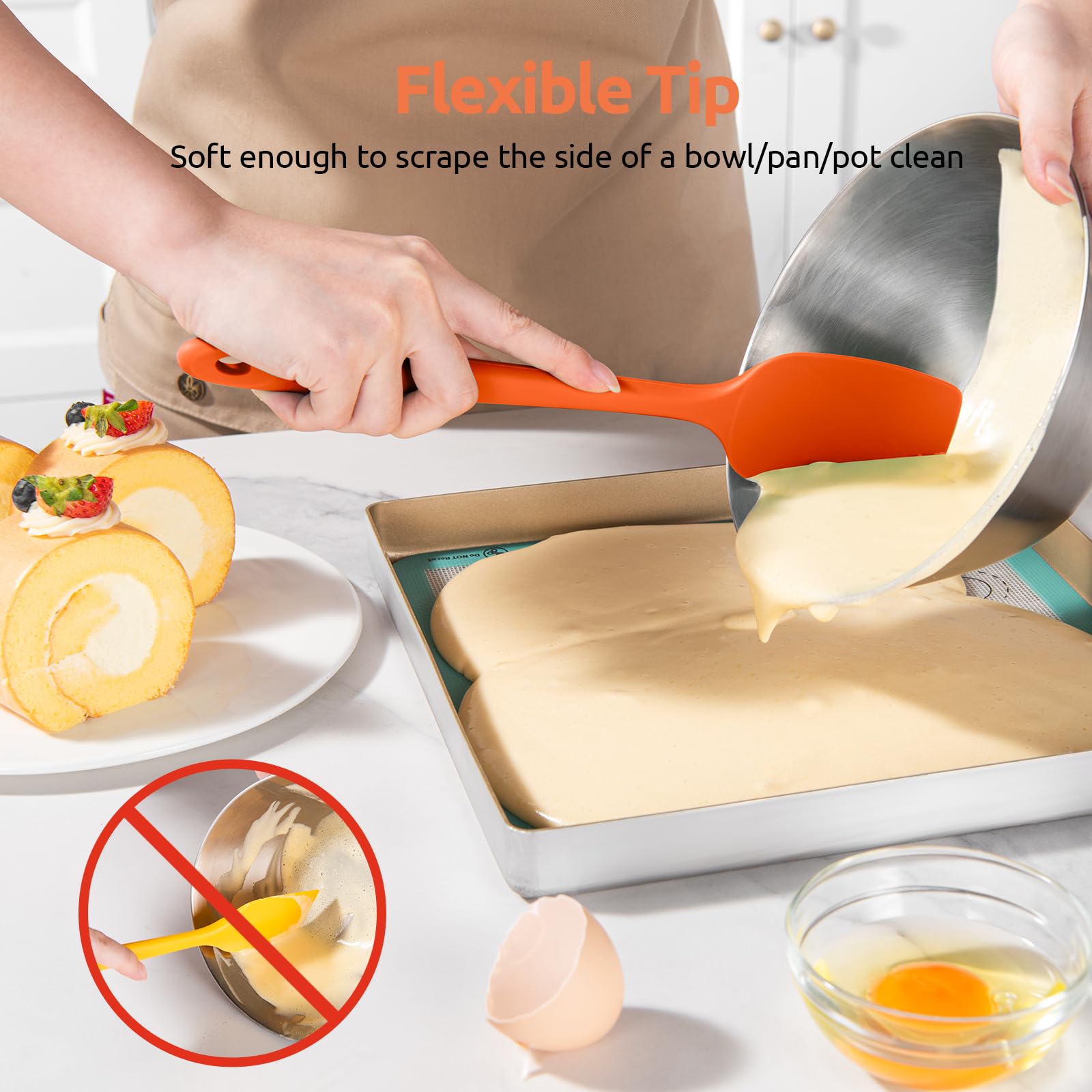 U-Taste High Heat Resistant Silicone Spoon Spatula Set - 600°F Food Grade Flexible Rubber Scrapers - 3-Piece Nonstick Kitchen Utensils for Cooking, Mixing & Baking (Orange) - Perfect for Cake Decorating, Cookie Dough & Pancake Flipping