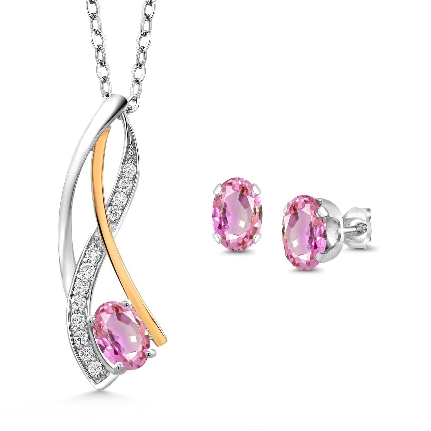 925 Silver & 10K Yellow Gold Oval 6x4mm Birthstone Pendant Necklace & Earrings Set with Lab Grown Diamonds for Women | 18