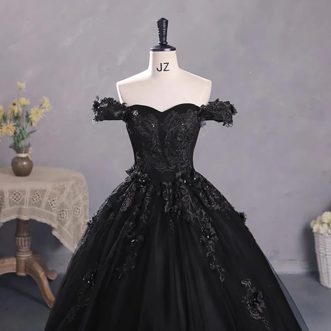 Elegant Gothic Lace Black Wedding Dress | Off-Shoulder Bridal Gown with Long Train & Tulle Skirt | Perfect for Gothic, Victorian, or Alternative Weddings