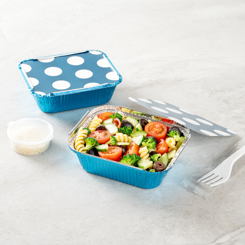 12 oz Rectangle Blue Aluminum Take Out Containers with Polka Dot Paper Lids (5.75