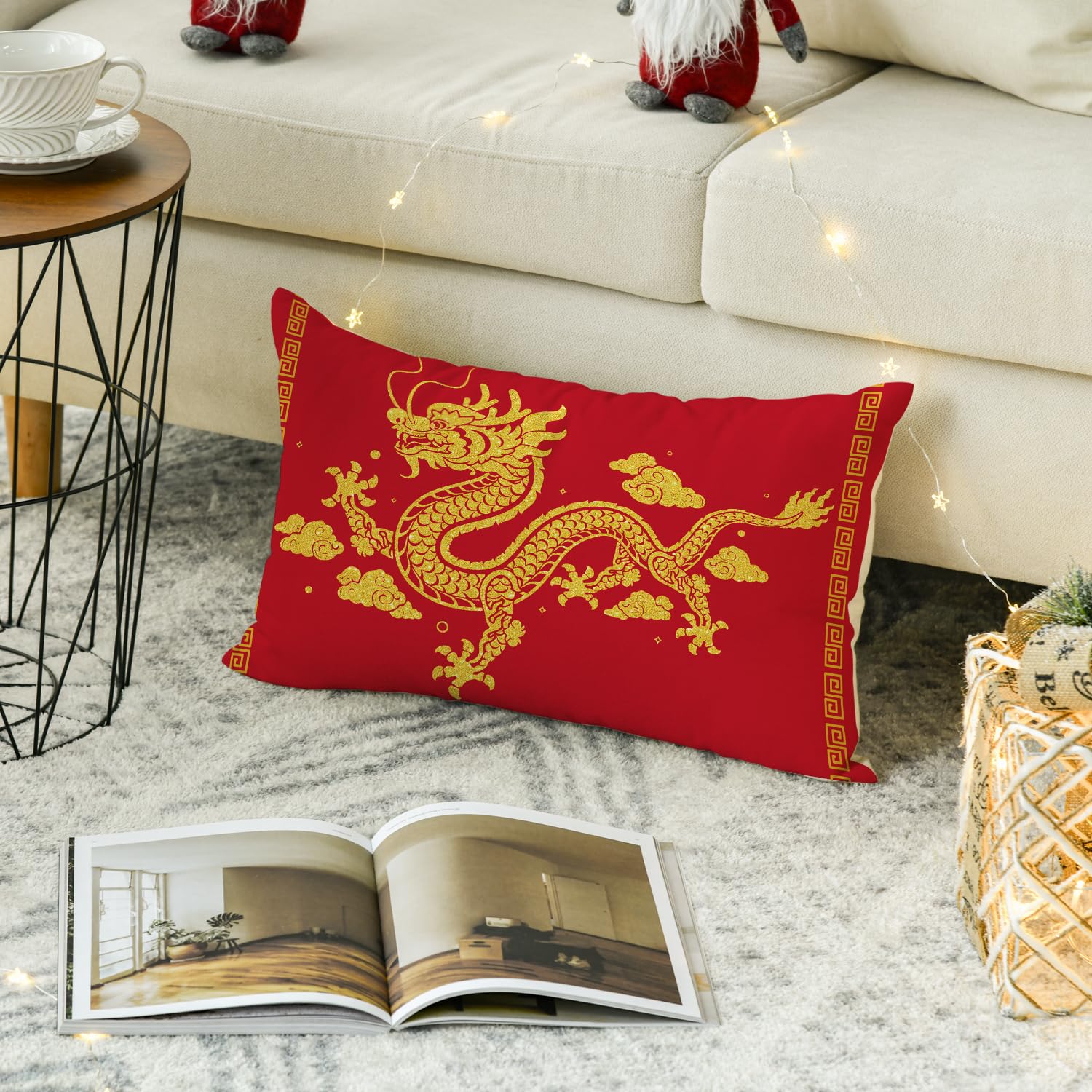 Happy Year of The Dragon Chinese Lunar New Year Throw Pillow Cover - 12 x 20 Inch Holiday Cushion Case for Sofa, Couch & Home Decor - Perfect for Lunar New Year Celebrations, Festive Home Decor & Gift Giving