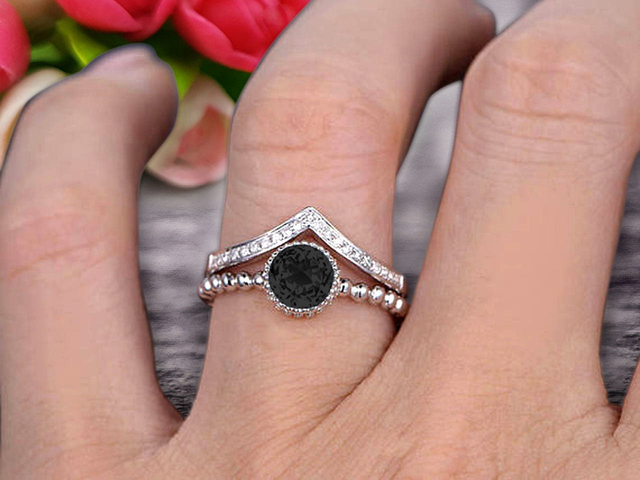 1.50 Carat Round Cut Black Diamond Moissanite Engagement Ring with V-Shaped Wedding Band - 10k White Gold Art Deco Bridal Set for Women, Anniversary Gift, Proposal, Wedding, Valentine's Day