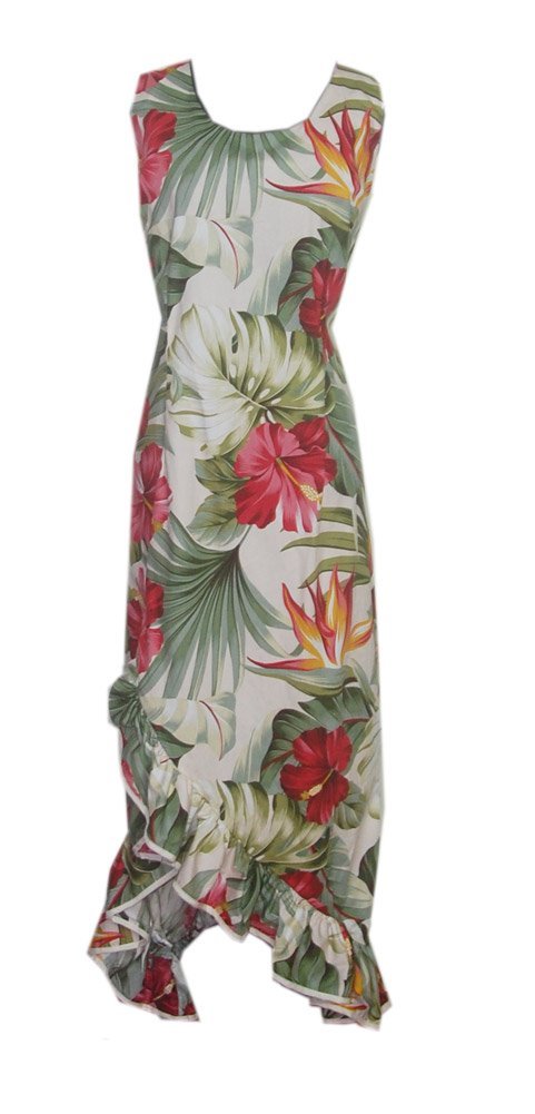 Women's White Bird of Paradise Hawaiian Maxi Dress - Floral Tropical Summer Beach Dress - Size Large - Perfect for Luau Party, Vacation & Boho Style Outfits