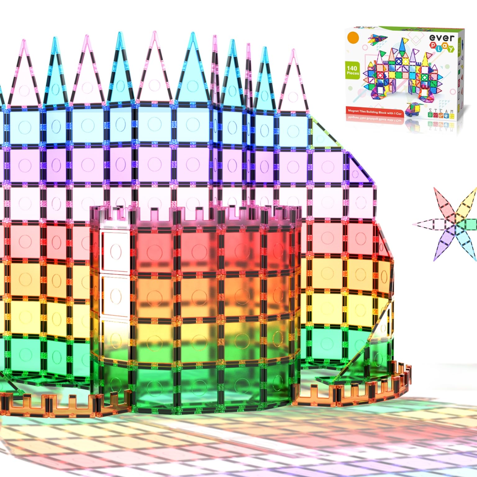 Everplay 140pc Magnetic Tiles Castle Rocket STEM Toy - Educational Building Blocks for Kids 3+ | Preschool Learning & Creative Play