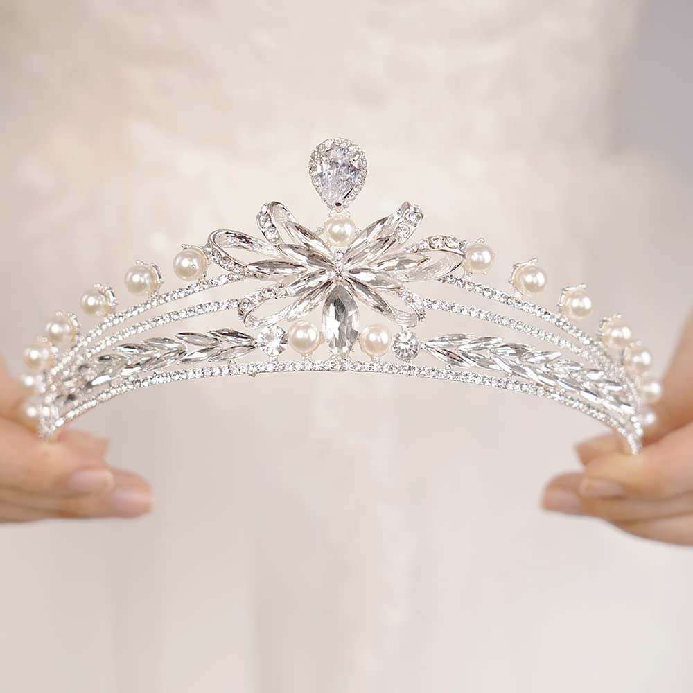 JWICOS Crystal Pearl Tiara Crown for Women - Elegant Bridal Wedding Headpiece, Prom Pageant Hair Accessory | Perfect for Brides, Prom Queens, Pageants & Special Occasions