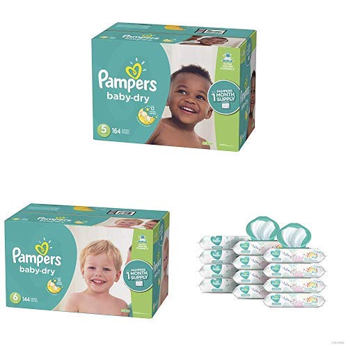 Pampers Baby Dry Disposable Diapers Size 5 (164 Count) & Size 6 (144 Count) Bundle with Sensitive Water-Based Baby Wipes (12 Packs, 864 Wipes) - Gentle Protection for Overnight & Daytime Use