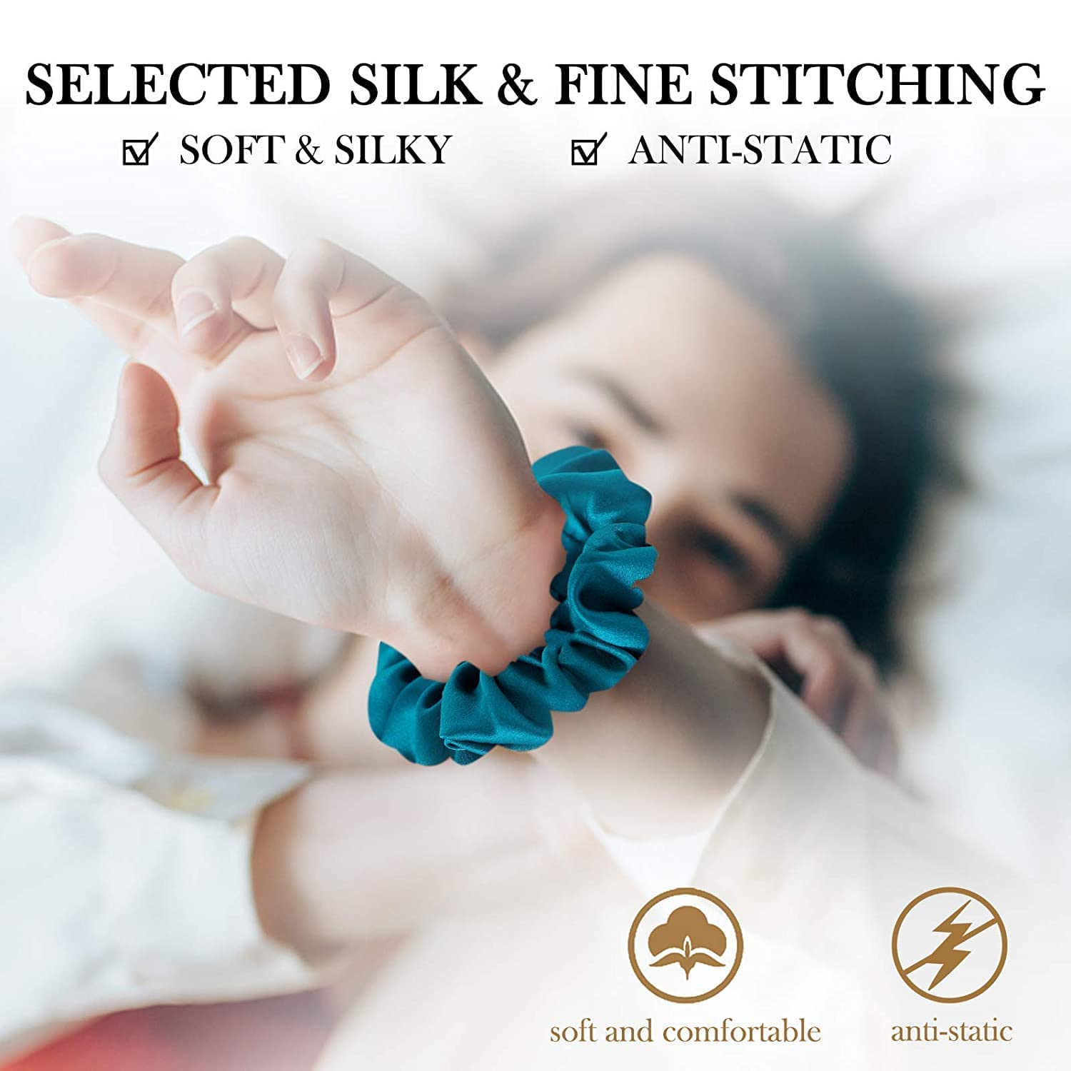 AP SALES 100% Mulberry Silk Scrunchies for Women & Girls – 19 Momme Natural Silk Hair Ties | Soft, No-Pull Elastic Hair Bands (Peacock Blue, Apricot Black) – Perfect for Daily Wear, Workouts & Protecting Hair While Sleeping