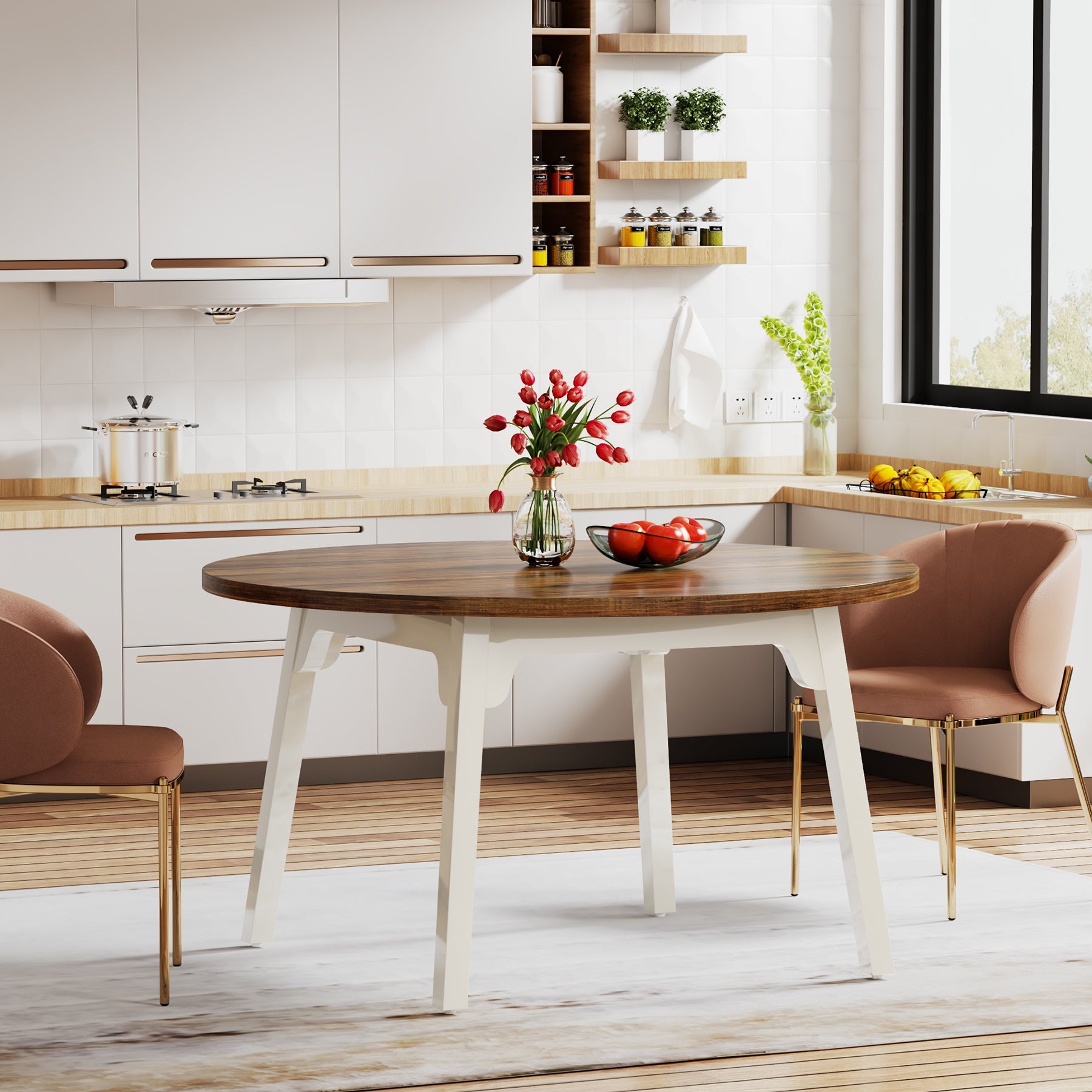 47 Inch Round Farmhouse Dining Table - Solid Wood Kitchen Table for 4-6 People | Perfect for Family Meals, Dinner Parties & Small Space Dining Rooms