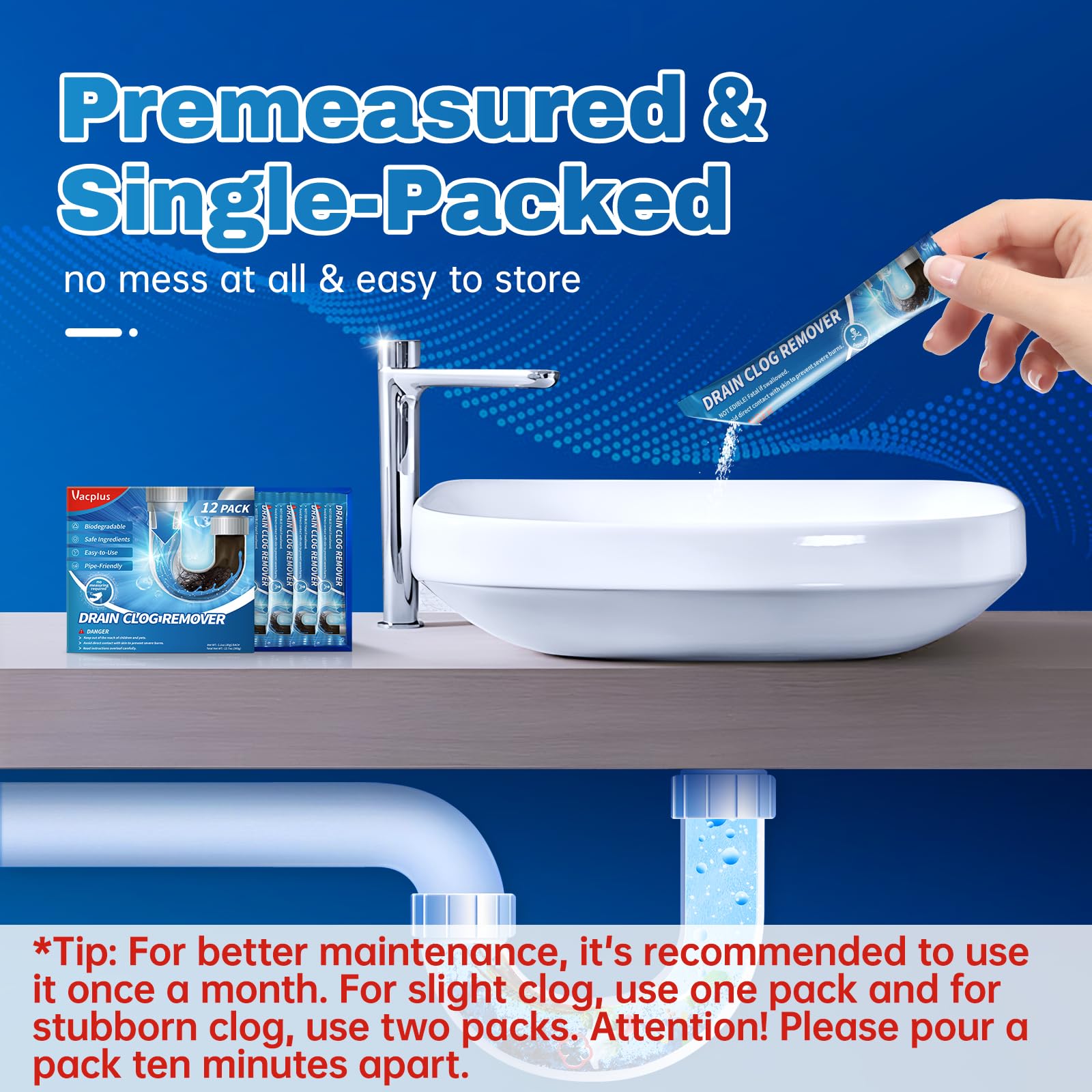 Vacplus 12-Pack Drain Clog Remover - Powerful Sink Drain Cleaner for Hair Clogs, Pipe-Friendly Drain Opener & Deodorizer - Ideal for Bathroom, Kitchen & Shower Drain Maintenance