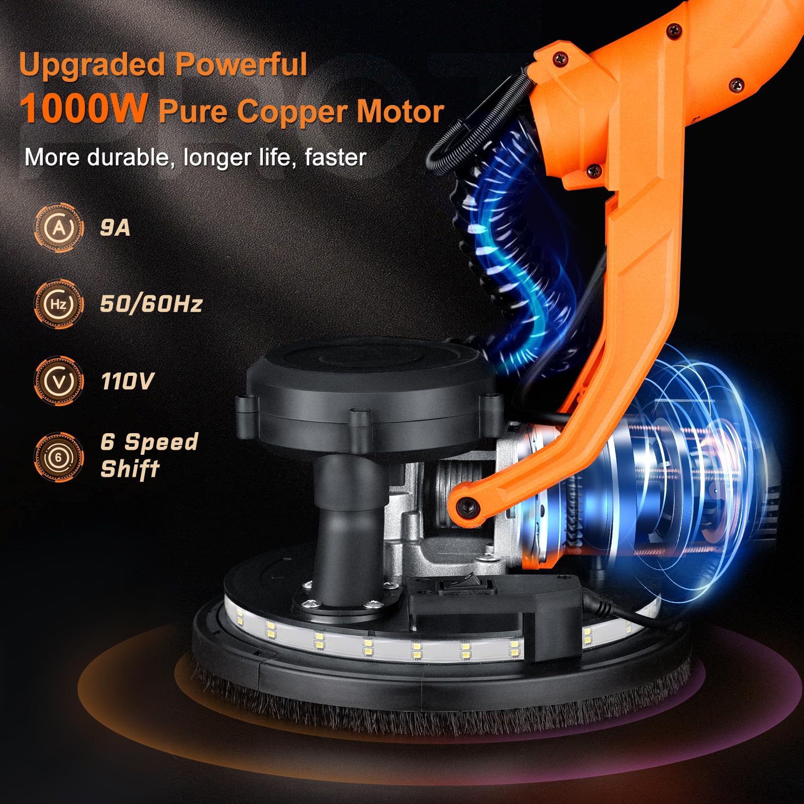 1000W Automatic Drywall Sander with Vacuum Dust Collection - Popcorn Ceiling Removal Tool, LED Light, 6-Speed Adjustable (800-2200RPM), Includes 15 Sanding Discs & Foldable Extendable Handle - Perfect for Home Renovation, Wall Repair, and DIY Projects