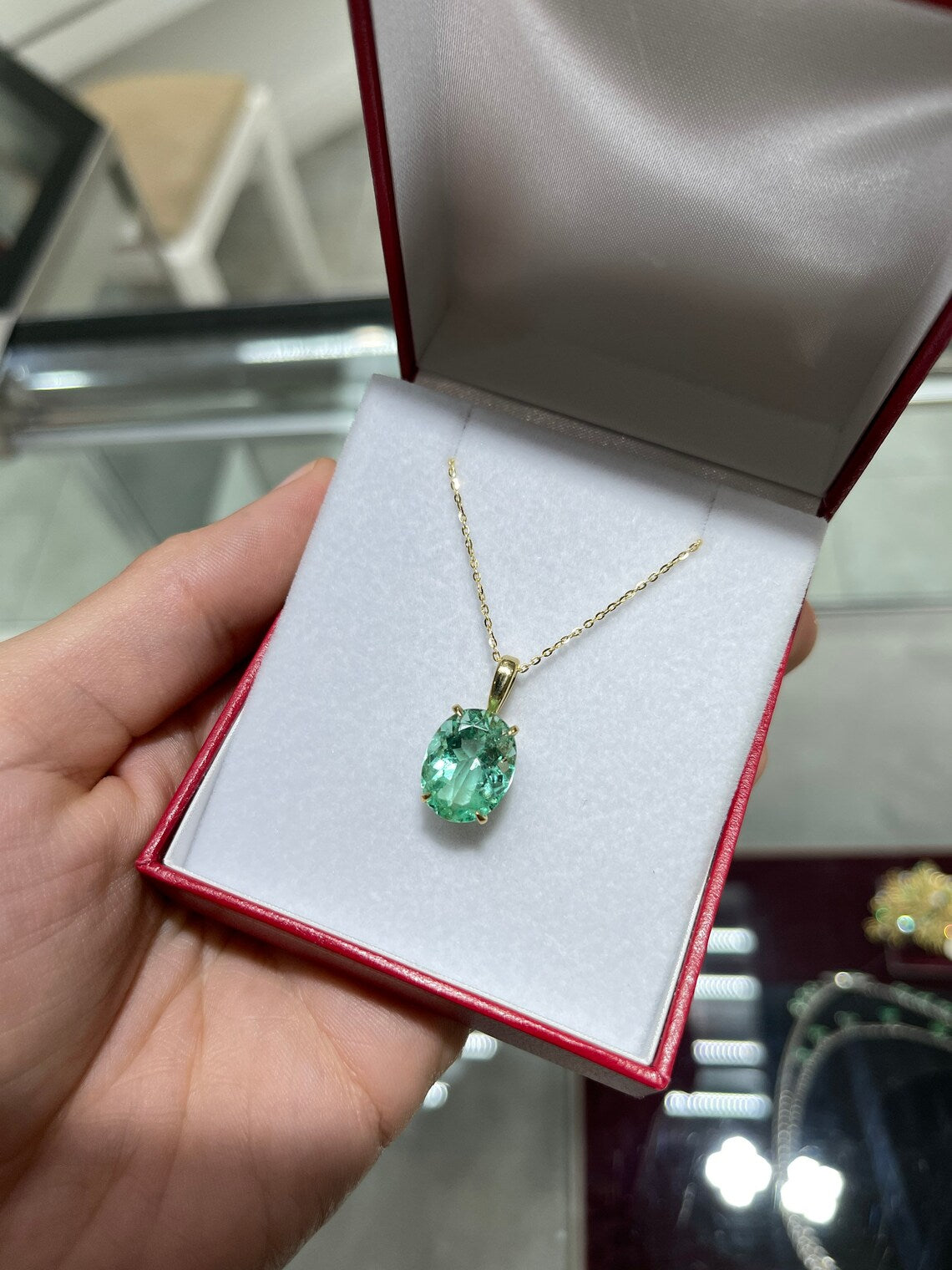 6.45ct 18K Bluish Green Oval Colombian Emerald Solitaire Pendant Necklace - High Transparency 4 Prong Setting for Women, Perfect for Weddings, Anniversaries & Special Occasions