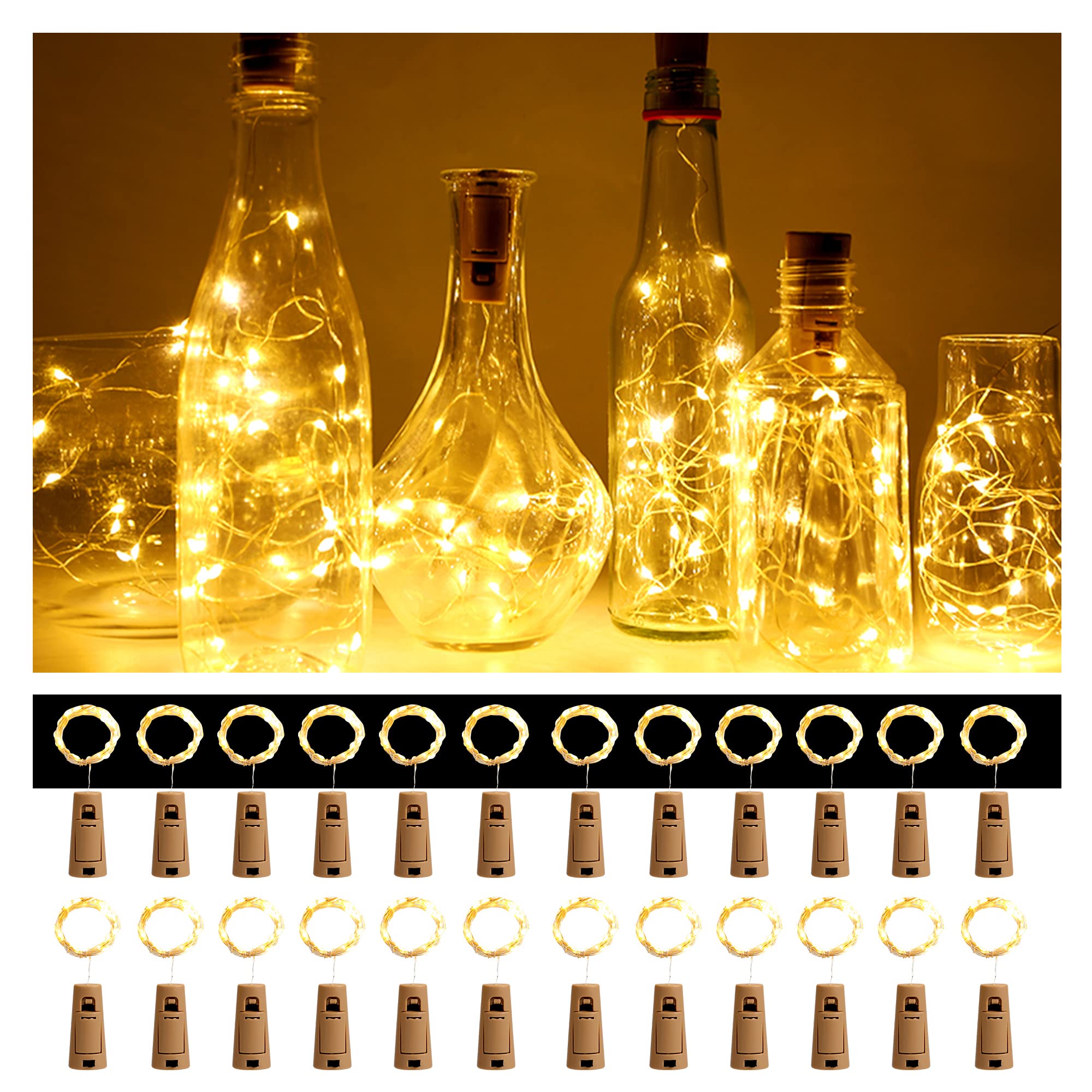 NiHoo 24-Pack LED Wine Bottle Lights with Cork - 20 Battery Operated Fairy String Lights (Batteries Included) - Waterproof Mini Wire Cork Lights for Party, Wedding, Bedroom Decor - Warm White - Perfect for Romantic Dinners, Holiday Centerpieces & Outdoor Entertaining