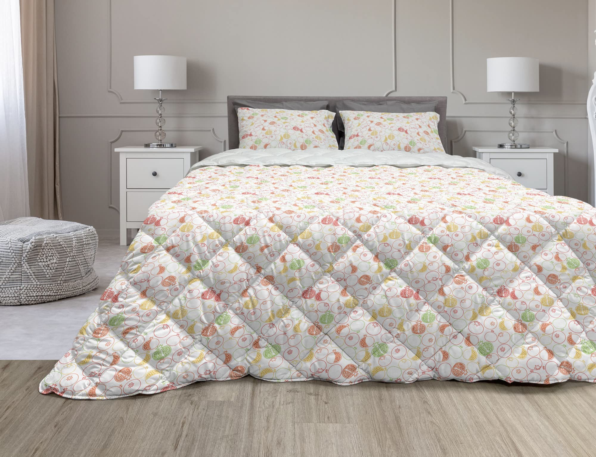 Ambesonne King Size Pomegranate Comforter Set - 3 Piece Microfiber Duvet Cover with Hand-Drawn Fruit Motifs in Earth Yellow & Lime Green | Soft Bedding for Master Bedroom, Guest Room & Dorm Decor
