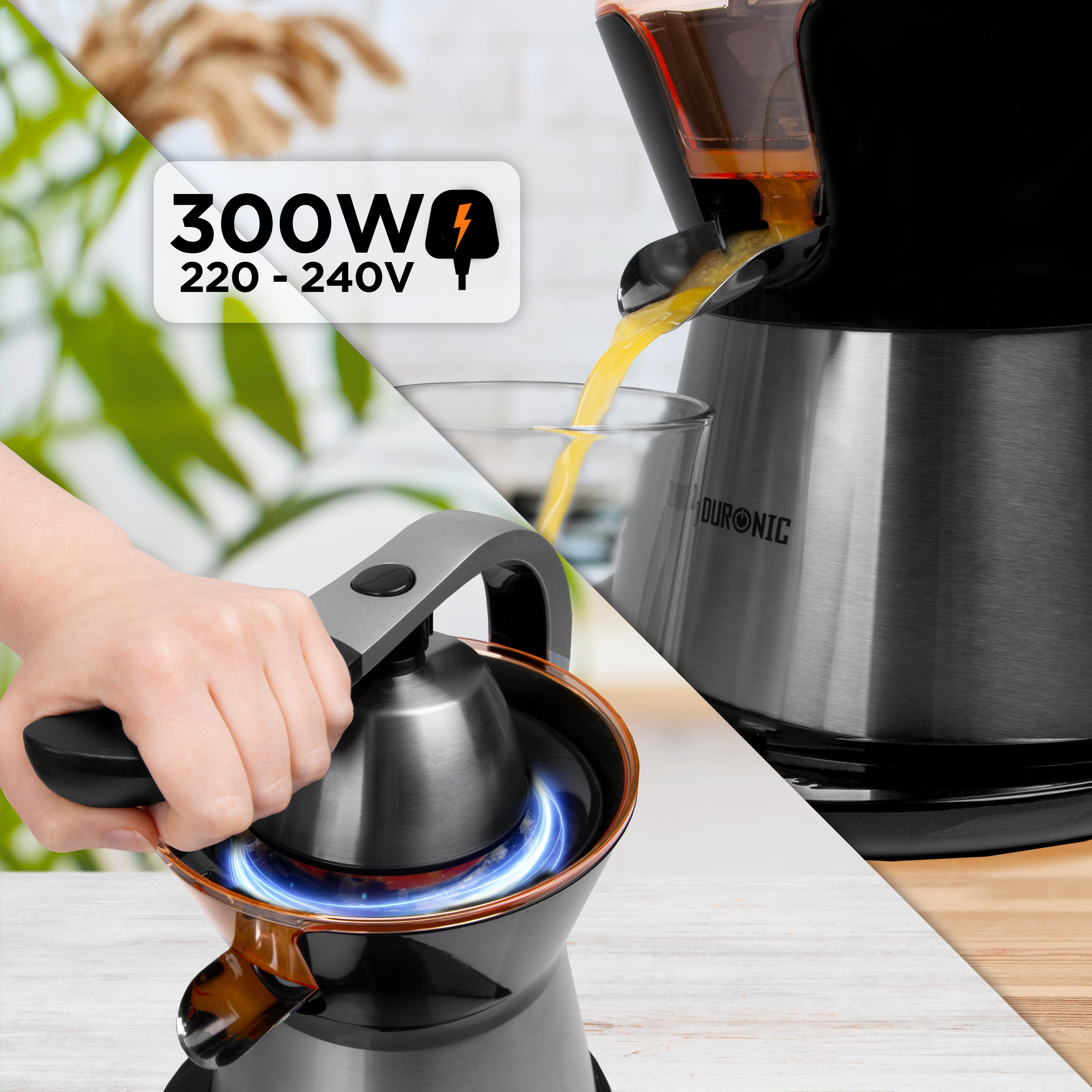 Duronic JE304 Electric Citrus Juicer - 300W Power with 2 Interchangeable Cones, Adjustable Pulp Filter & Pouring Spout - Perfect for Fresh Orange, Lemon, Lime Juice - Great for Breakfast, Cocktails & Healthy Drinks