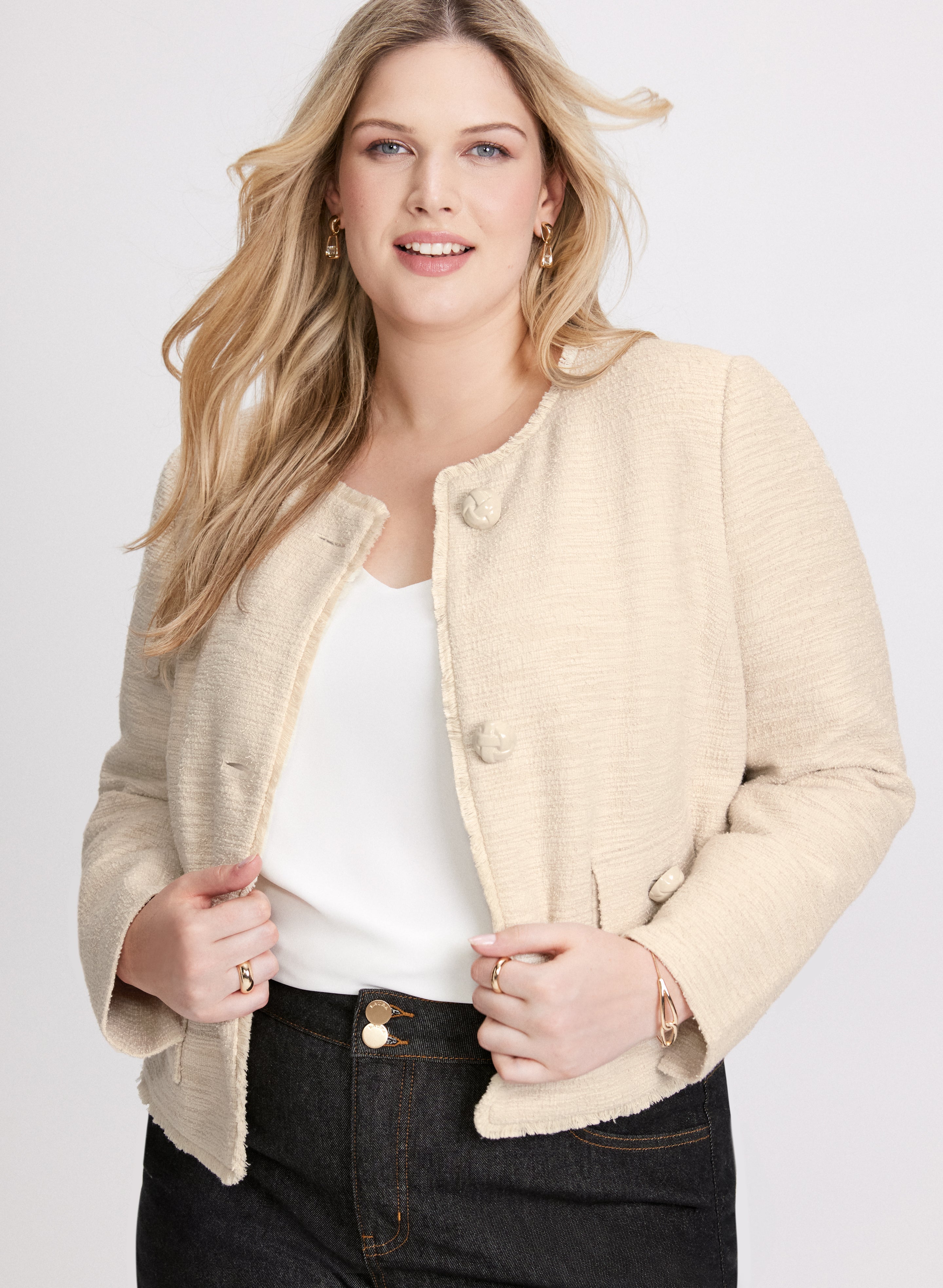 Cropped Boucle Jacket for Women - Stylish Short Blazer Coat with Faux Pearl Buttons | Perfect for Office, Date Night & Spring Outfits