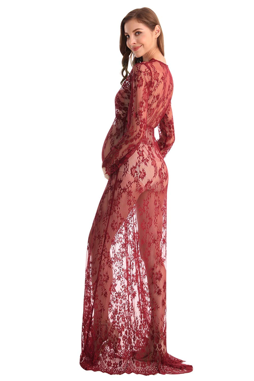 Sexy Lace Maternity Dress for Boudoir Photoshoot - Long Sleeve Deep V-Neck Nursing Gown, Elegant Lingerie Robe for Pregnancy Photos & Milk Bath Sessions - Perfect for Maternity Shoot, Bridal Shower, or Romantic Nightwear