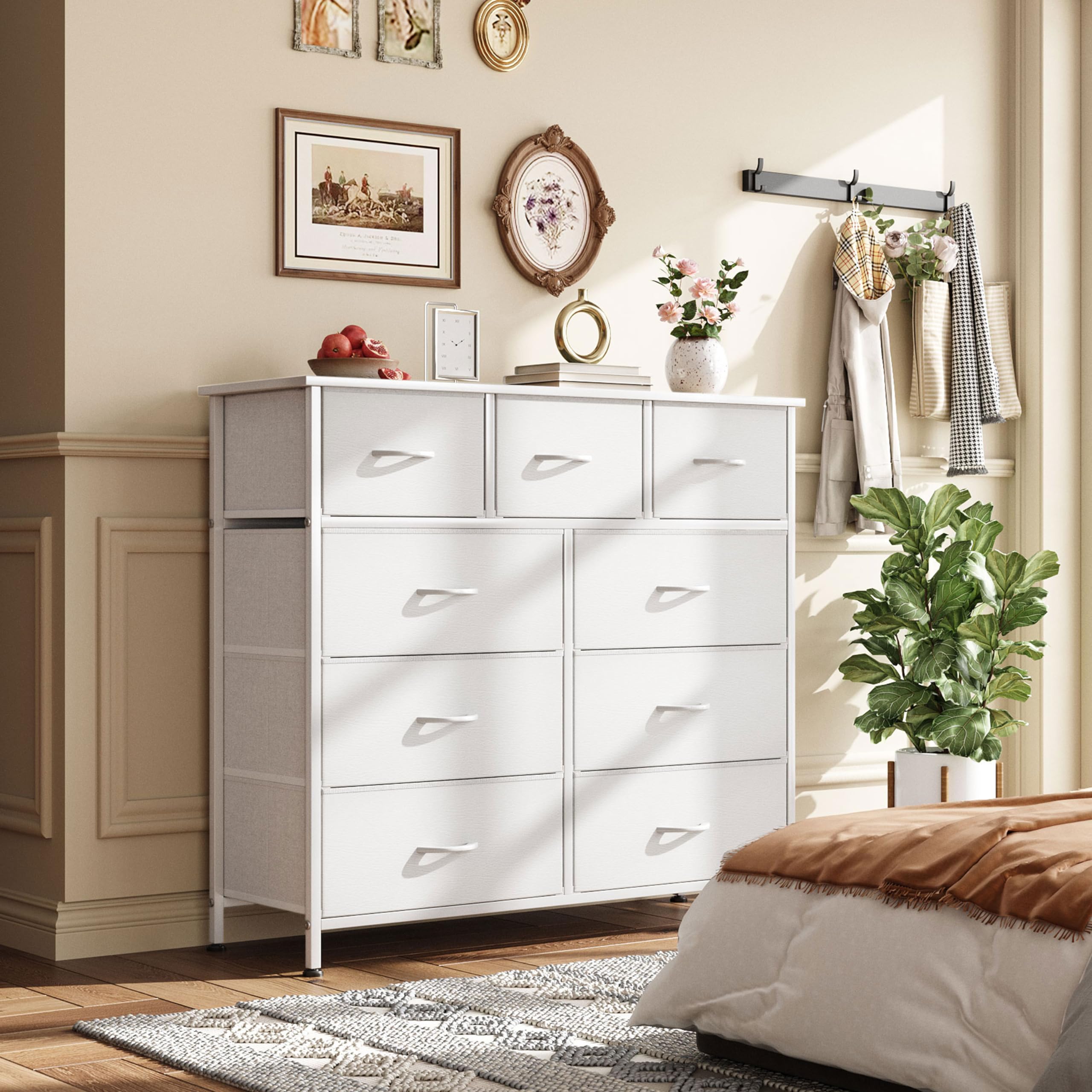 9-Drawer White Wooden Dresser for Bedroom - Tall Chest of Drawers with Wooden Top for Living Room, Closet & Entryway Storage | Perfect for Bedroom Organization & TV Stand Storage