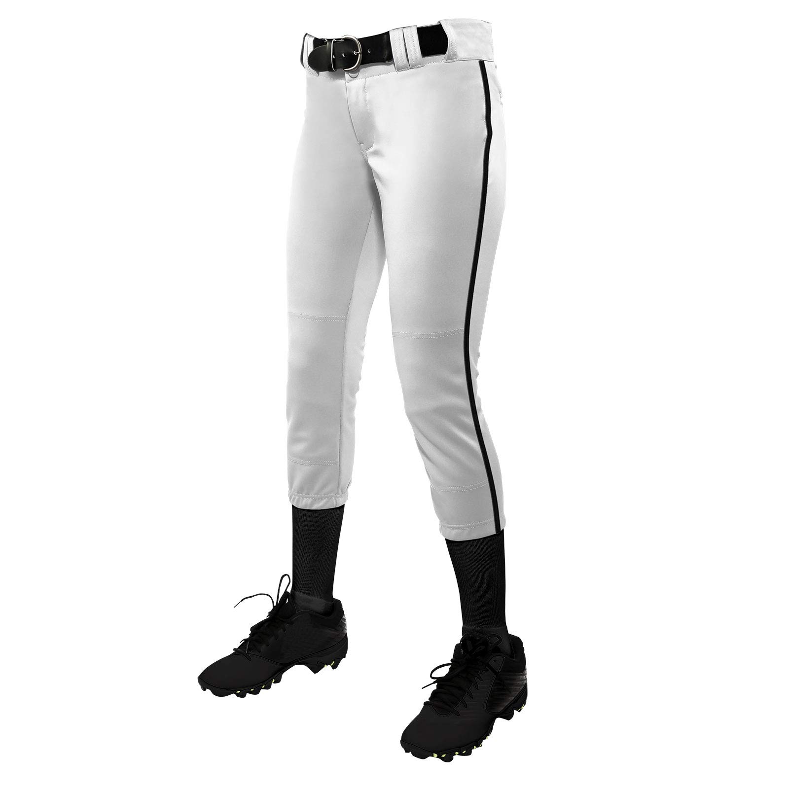 CHAMPRO Youth Tournament Low Rise Piped Fastpitch Softball Pants - White/Black, Size L - Perfect for Youth Softball Games & Practices