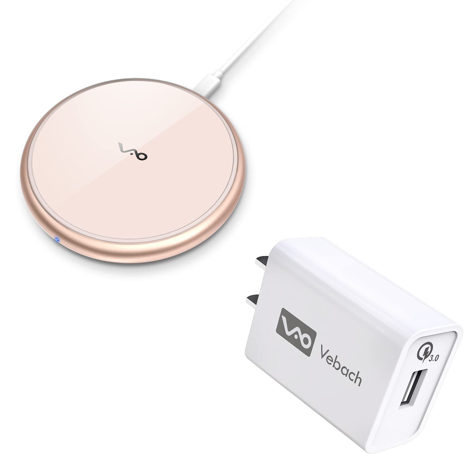Vebach 18W Fast Wireless Charger with USB Wall Adapter & Charging Pad - Aluminum Frame, Rose Gold - Perfect for iPhone, Samsung, AirPods & Qi-Enabled Devices at Home, Office or Travel