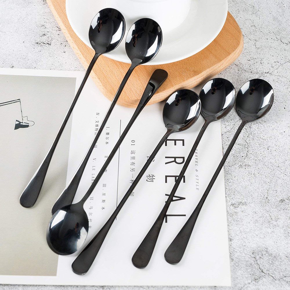 7.7-inch Titanium Plated Long Handle Stirring Spoon Set - 6 Pack Stainless Steel Iridescent Cocktail Mixing Spoons for Iced Tea, Coffee & Bar Drinks (Black, Round) - Perfect for Home Bars, Coffee Shops & Party Mixing