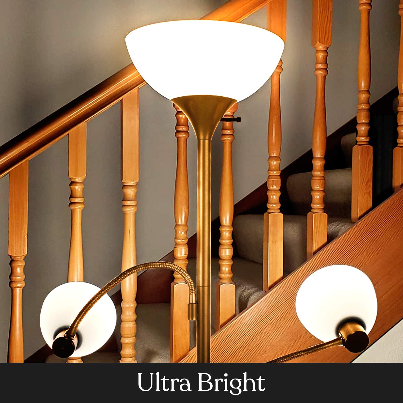 Brightech Sky Dome Double LED Floor Lamp - Super Bright Torchiere with 2 Adjustable Reading Lights for Living Room, Office & Bedroom - Dimmable Tall Standing Lamp with Brass Pole - Perfect for Reading, Working & Ambient Lighting