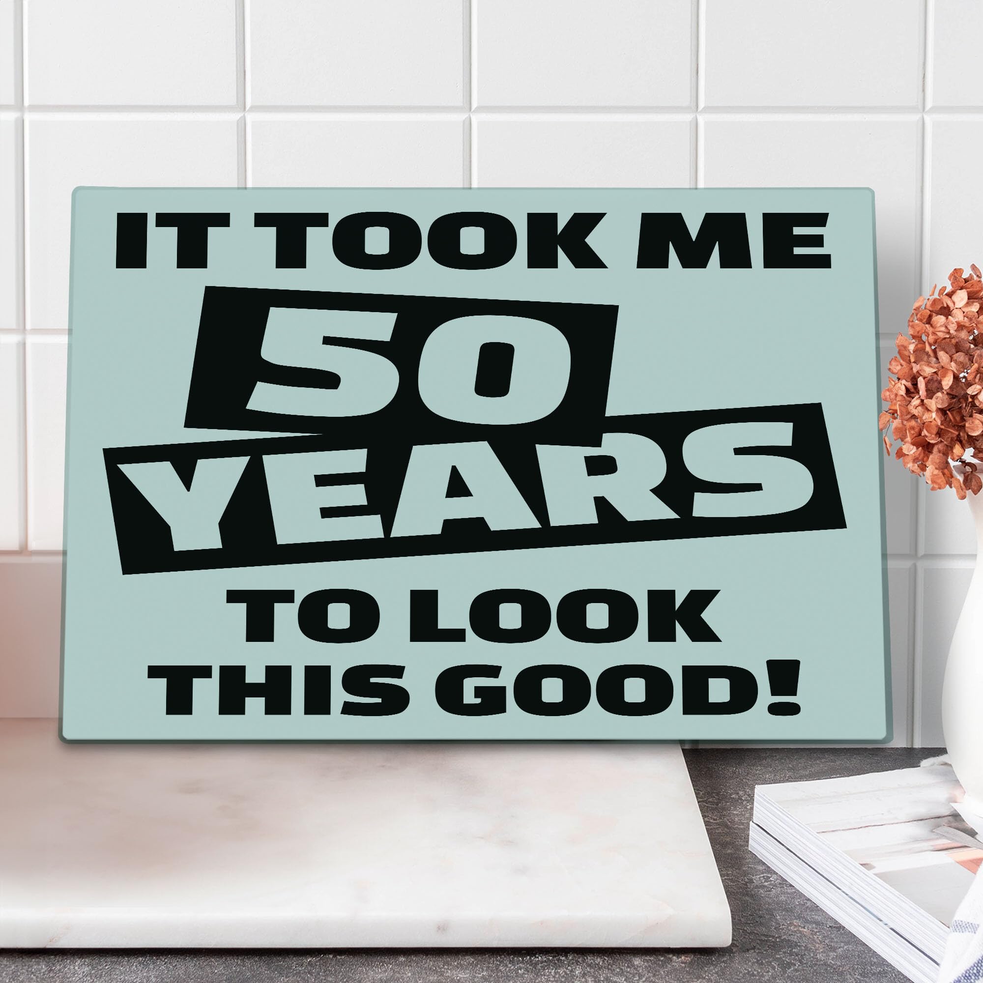 **Ambesonne 50th Birthday Cutting Board – Funny Happy Face Design, Tempered Glass Serving Board for Kitchen & Party – Large Black & White Decorative Board for Cheese, Charcuterie & Gifts**