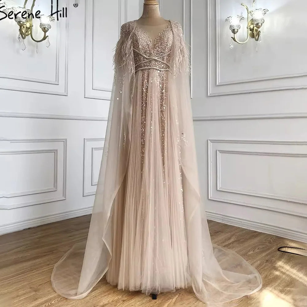 Luxury Dubai Grey Evening Formal Dress with Feather Cape Shawl - Gold Arabic Women's Wedding Party Gown LA70640 | Elegant Long Gown for Special Occasions, Galas & Red Carpet Events