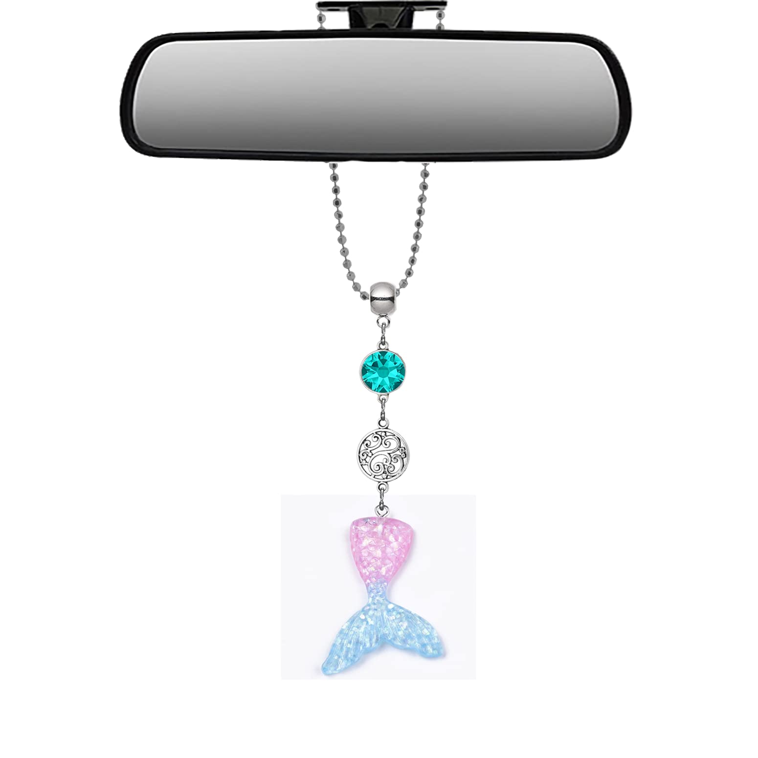 Aqua and Pink Mermaid Rhinestone Car Charm - Elegant Rear View Mirror Hanger Bling for Cars | Perfect for Beach Trips, Road Trips & Gift Giving