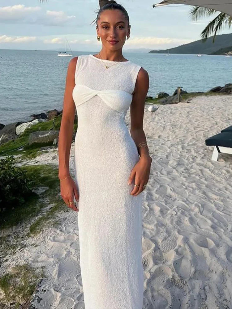 Fantoye Women's Knitted Round Neck Ruched Maxi Dress - Pink Sleeveless See-Through Summer Dress for Elegant Party, Beachwear & Casual Outings