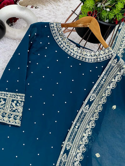 Teal Blue Georgette Gharara Suit with Rivet and Moti Sequins Embroidery - Pakistani Formal Wear for Weddings, Parties & Special Occasions | Next Day UK Delivery