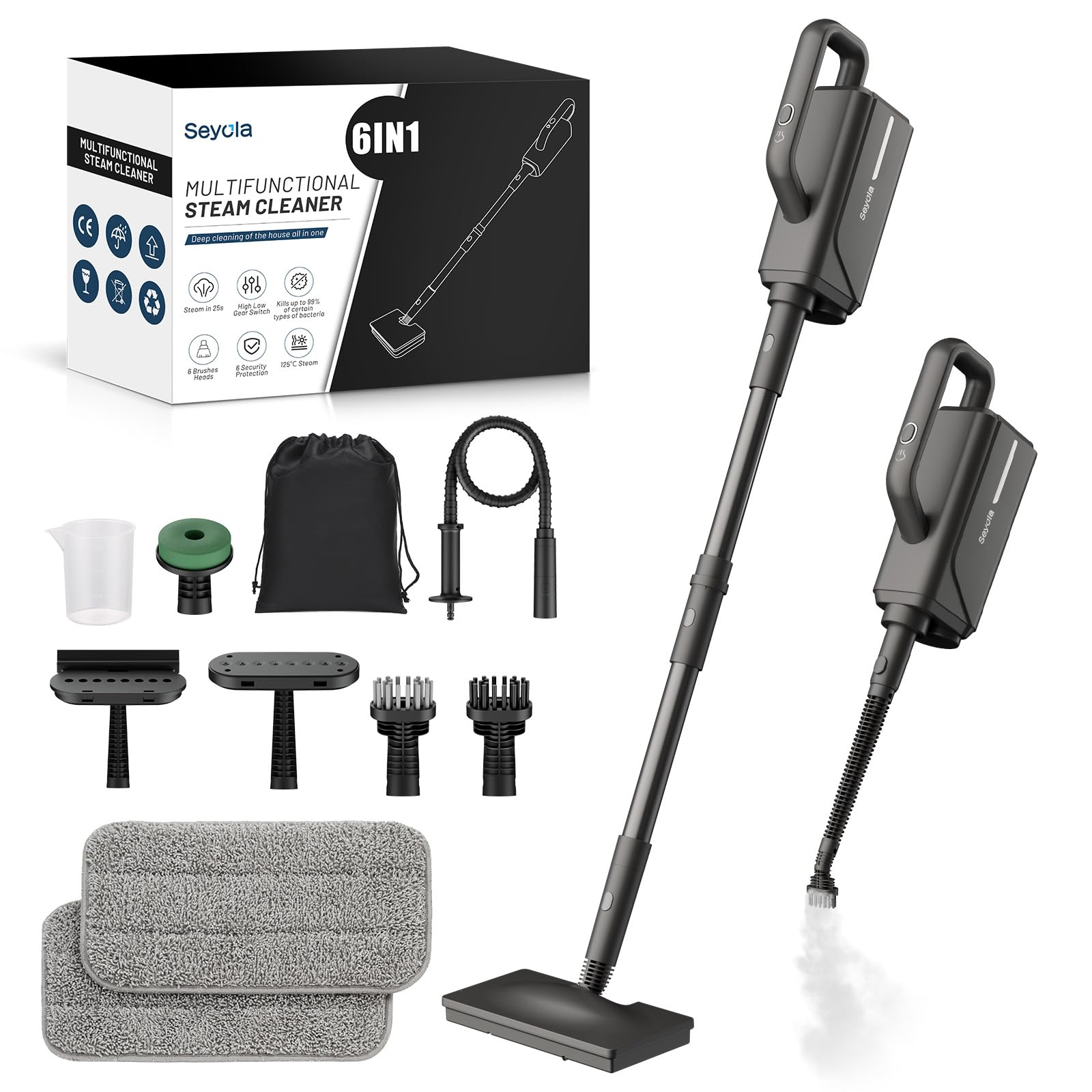 **6-in-1 Steam Mop & Handheld Cleaner for Hardwood Floors, Tile Grout, Carpet, Clothes & Windows – Multi-Purpose Steam Cleaner with Detachable Attachments – Perfect for Home, Office & Car Cleaning (Black)**