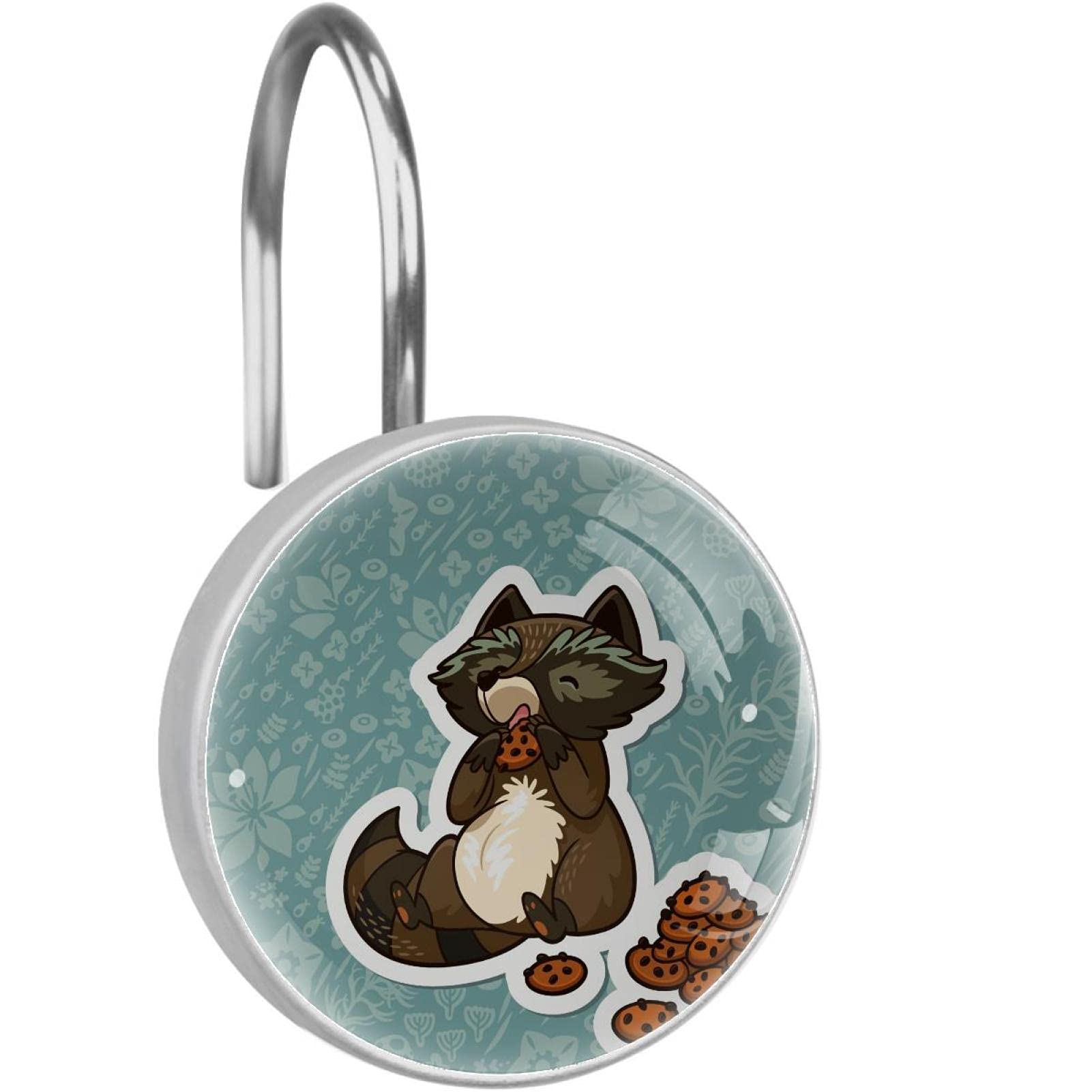 Stainless Steel, Glass & Resin Shower Curtain Hooks - 12-Pack Cute Raccoon Eating Biscuits Design - Durable Bathroom Accessories for Kids & Animal Lovers