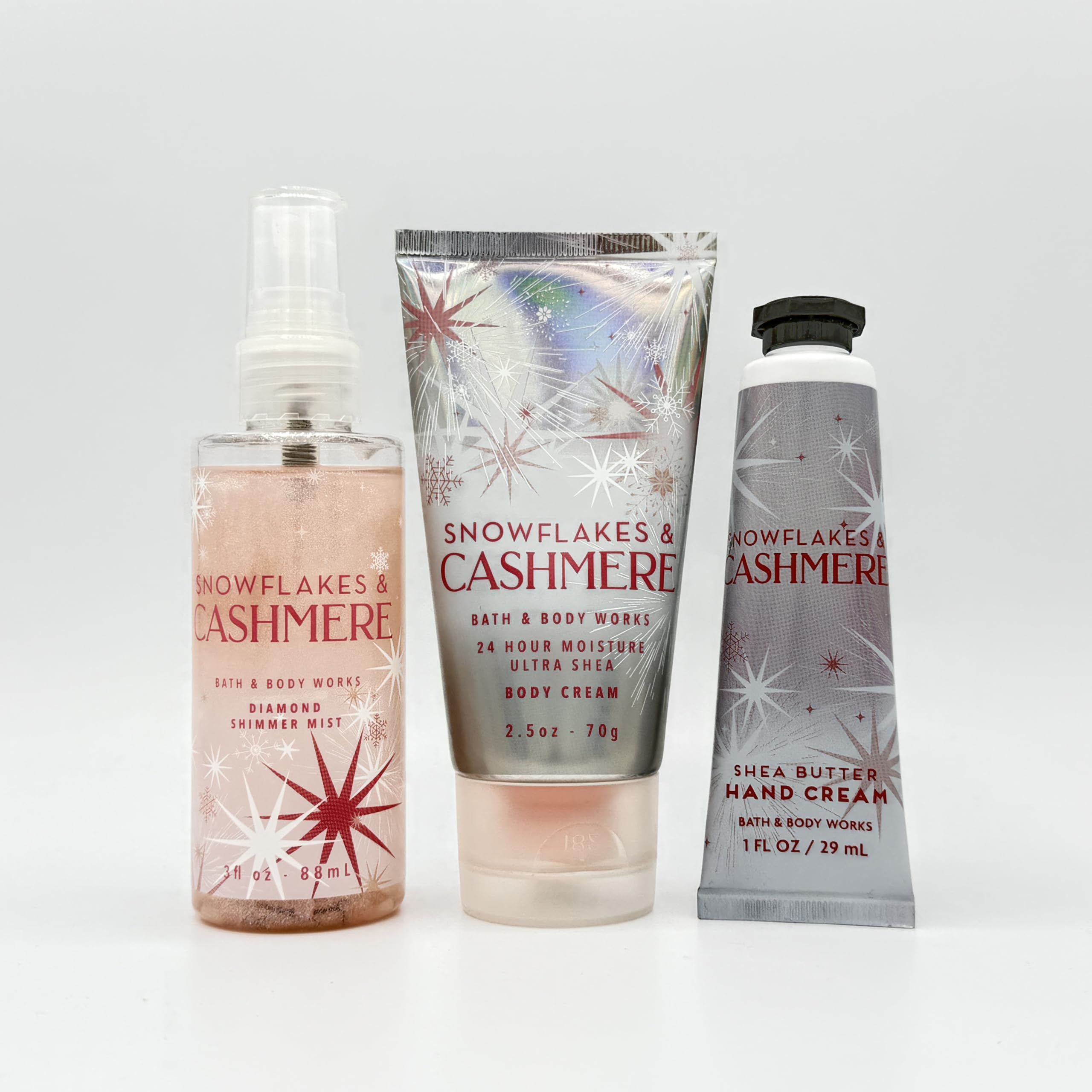 Snowflakes & Cashmere 3-Piece Travel Size Bath & Body Gift Set - Body Shimmer Mist, Ultra Shea Body Cream & Shea Butter Hand Cream | Perfect for Holidays, Gifts & On-The-Go Pampering