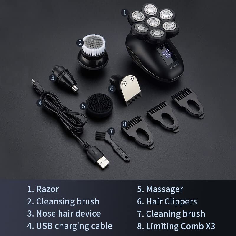 Professional Electric Razor for Men - 7 Blade Multi-Function Shaver & Bald Head Hair Clipper with LCD Display | Perfect for Beard Trimming, Grooming & Travel Kit | Ideal for Home, Office & Gym Use