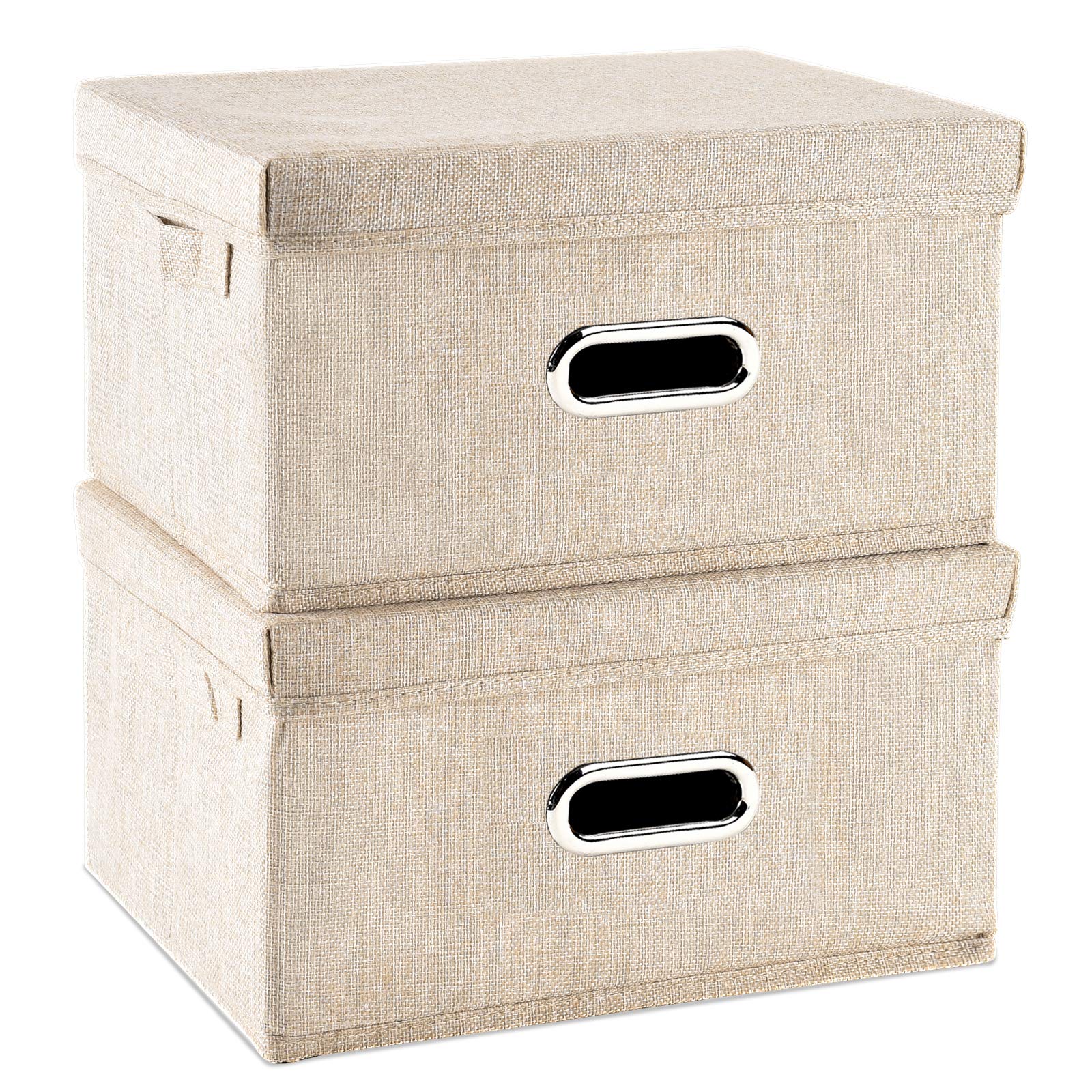Foldable Linen Fabric Storage Bin with Lid [2-Pack] - Closet Organizer Basket for Clothes, Bedroom, Office & Home | Space-Saving Cream Storage Box for Seasonal Wardrobe, Toys & Home Organization (Small Size)